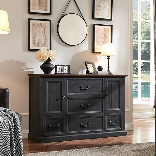 Farmhouse 5 Drawers Dresser for Bedroom, Wood Rustic Storage Organizer Closet Chest, Chest of Drawers w/Groove Barn Door&Shelf for Closet, Living Room, Dining Room, Hallway, Dark Grey
