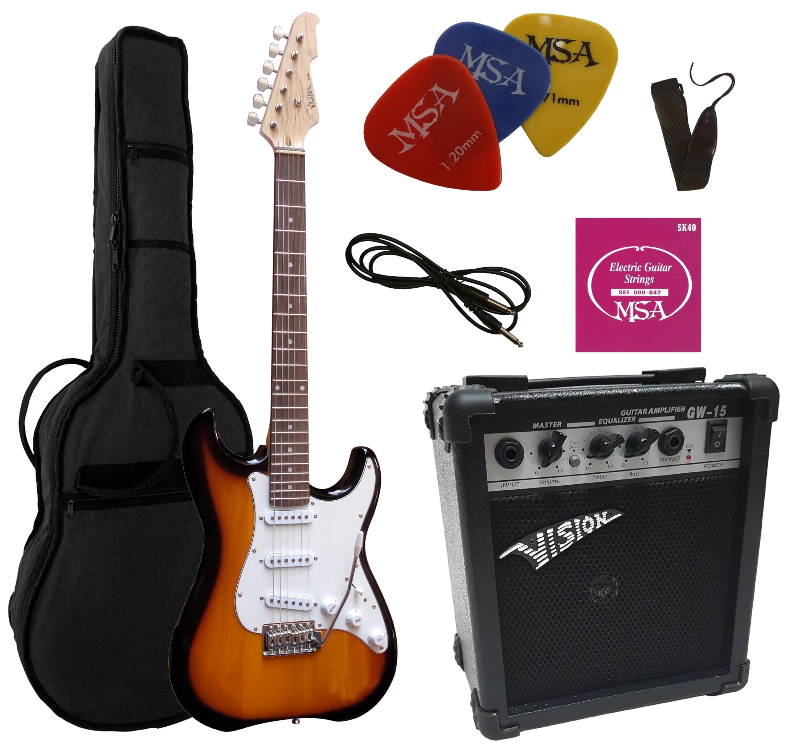 CHITARRE ELETTRICHE SUNBURST - CHITARRA ELETTRICA SUN BURST - SET CON AMPLIFICATORE DA 20WATT - BORSA - PLETTRO - CORDE - NATURA SUNBURST TRANSPARENTE