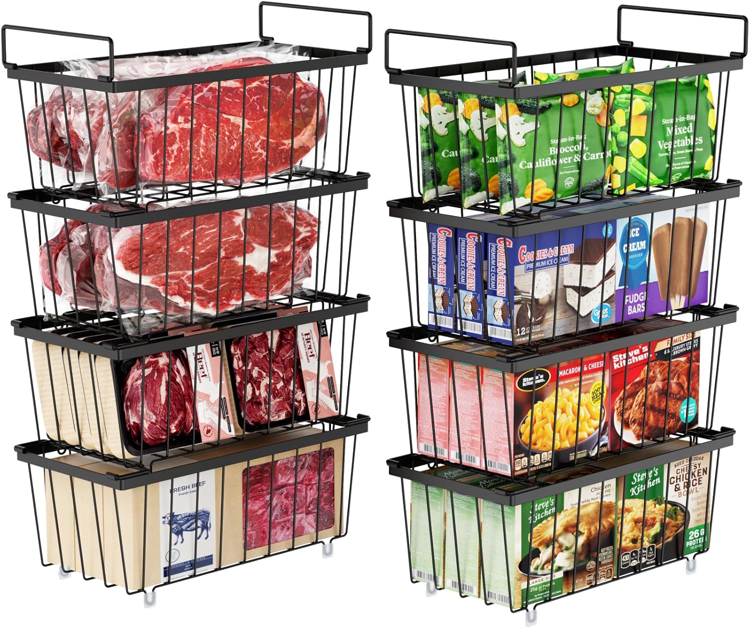 iSPECLE Freezer Organizer Bins - 8 Pack Small Stackable Deep Freezer Organizer Bins for 7 Cu.Ft Freezers Easy Get Bottom Foods without Digging, Chest Freezer Organizer Prevent Frozen Food Waste, Black