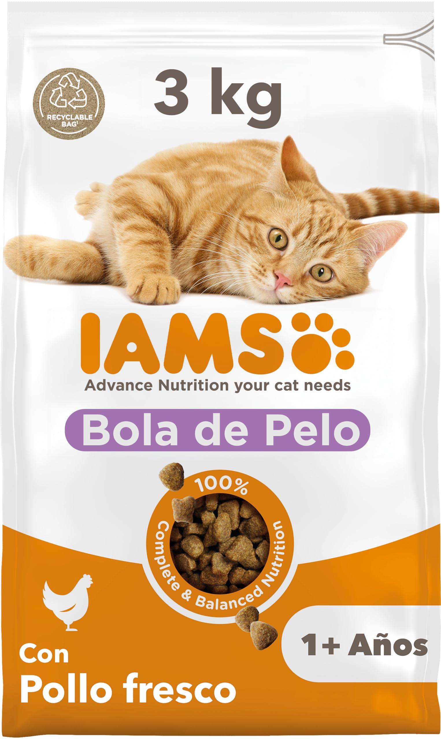 IAMS Alimento seco para gatos que ayuda a reducir la formación de bolas de pelo, comida seca para gatos adultos de más de 1 año con pollo fresco, 3 kg