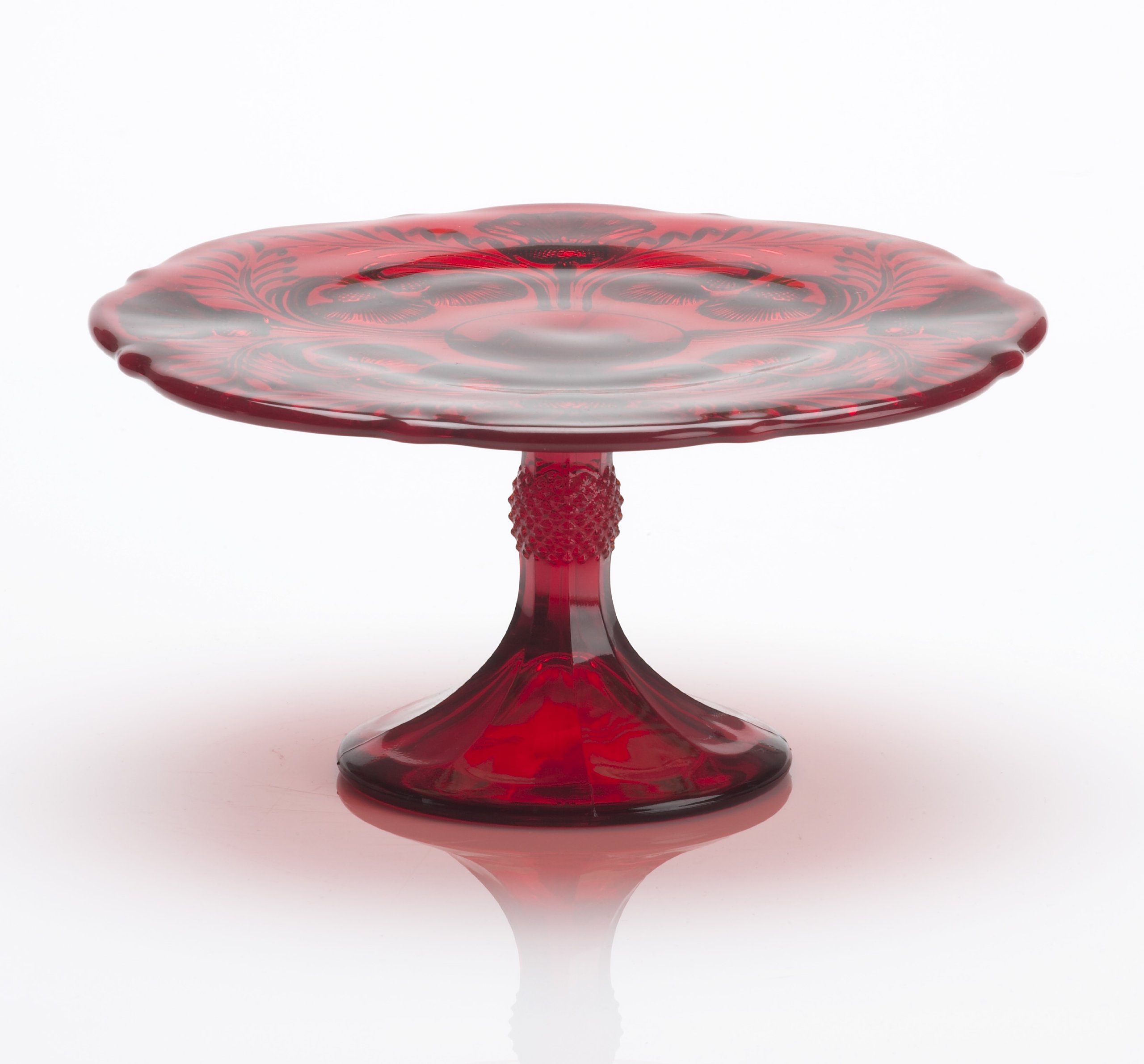 11" Holiday Red Glass Inverted Thistle Pattern Cake Cup Cake Plate Stand