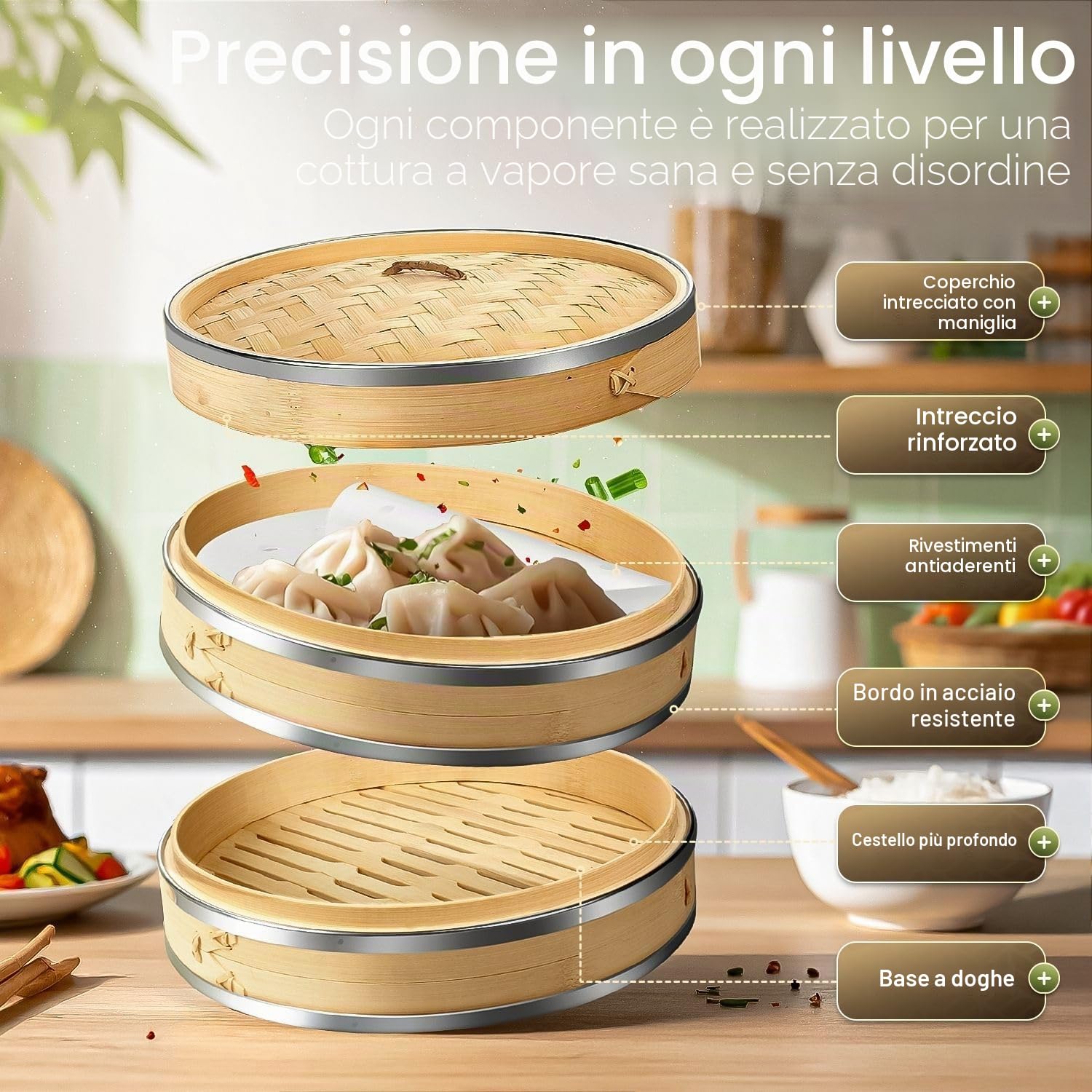 Flexzion Vaporiera di bambù (25,4cm /10 pollici) con fasce in acciaio inox 50x fodere e 2 paia di bacchette, Vaporiera di bamboo cestello cinese, Steamer vapore per cottura cucina cibo asiatico