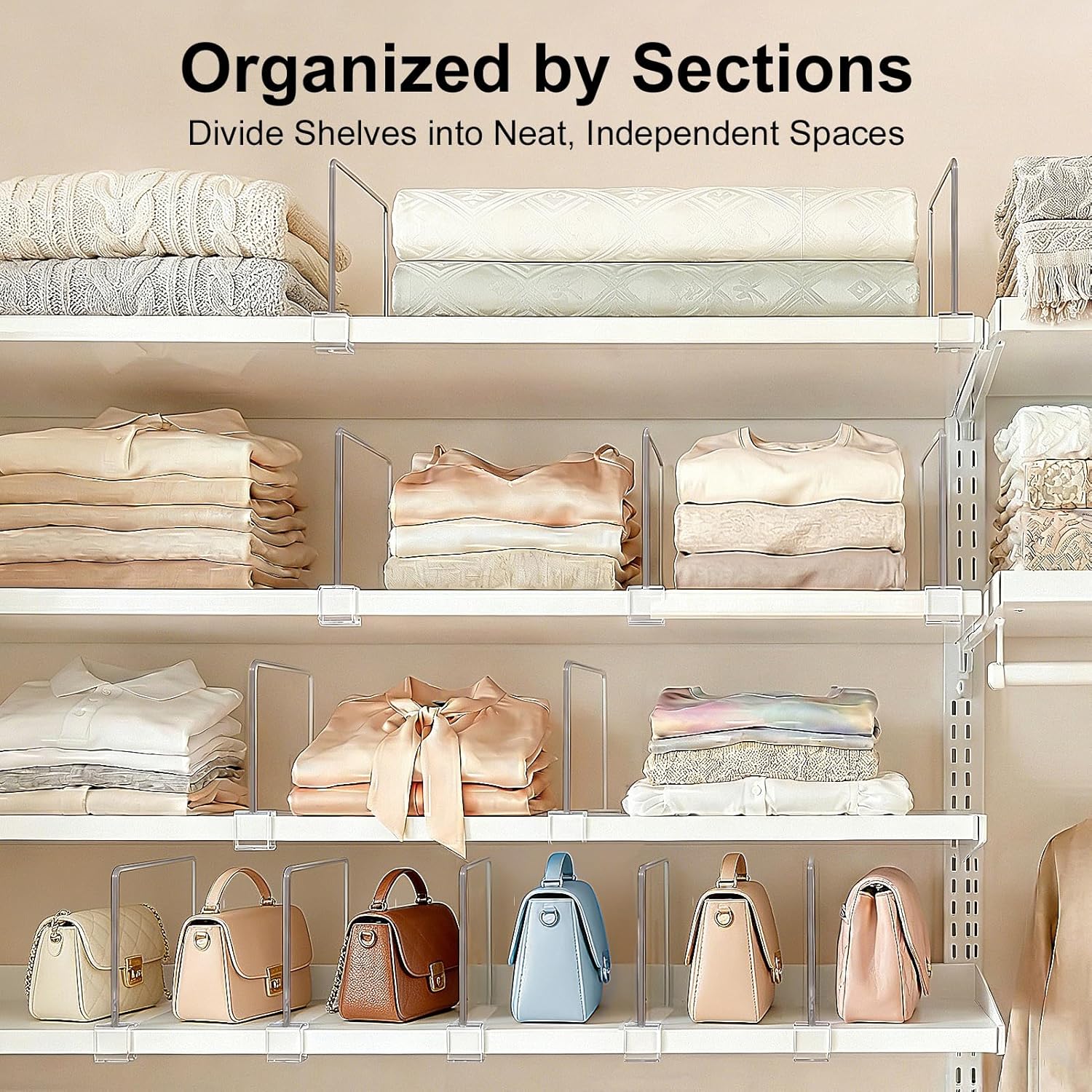 Purse Organizer for Closet Shelf Dividers: 6-inch Tall (Shorter Version) Adjustable Clear Acrylic Bag Storage Organizer for Handbags, Sweaters, Towels, Jeans and Shoes on Wood Shelves 8-Pack