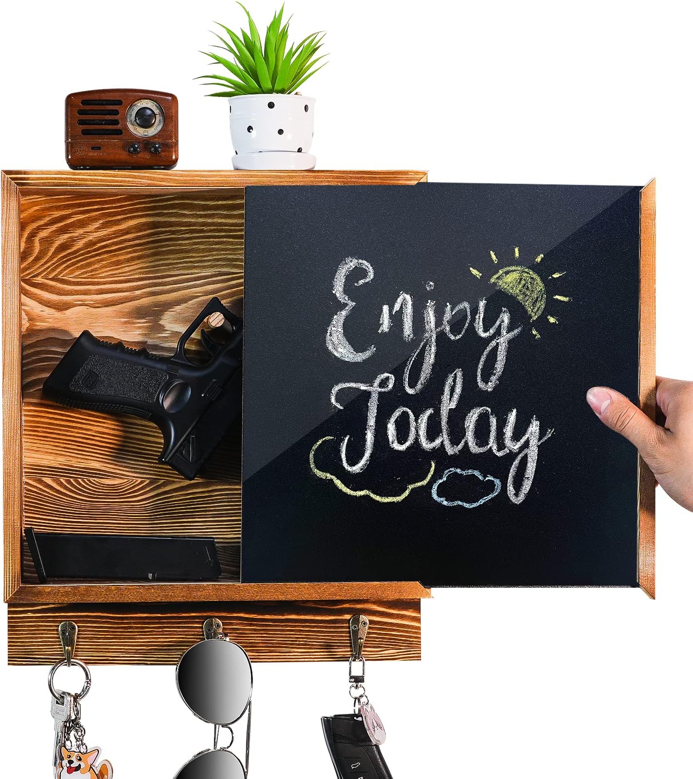 Hidden Gun Storage, Hidden Wall Gun Safe Pistol Rack Shelf with 3 Hooks for Secret Decor Concealment Furniture, Art Storage Cabinet Wooden Storage Shelves Indoor Picture Frame