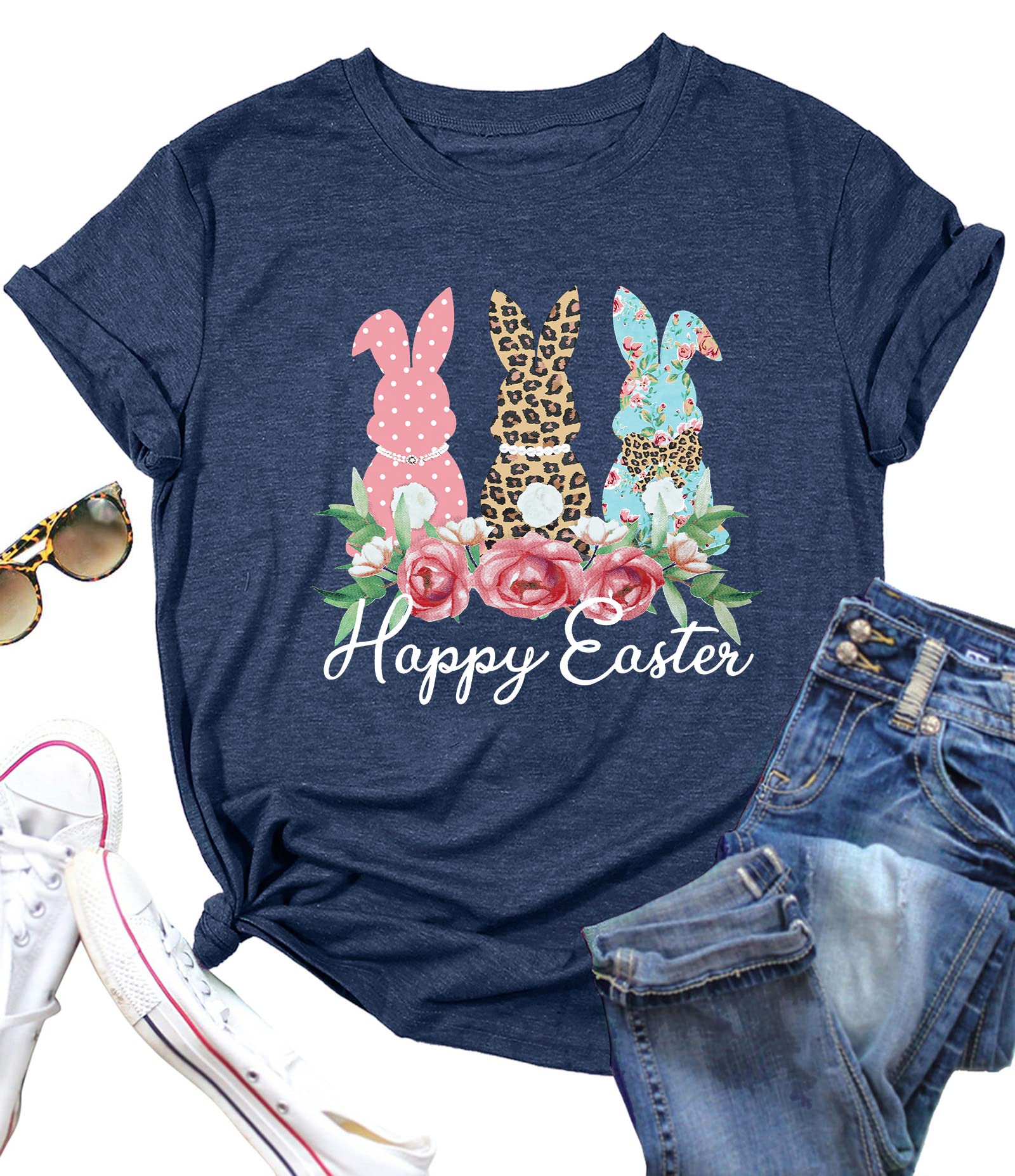 LHBNKHappy Easter Shirts Women Funny Short Sleeve Leopard Print Bunny T Shirt Rabbit Graphic Tees Tops, Dark Blue, Large