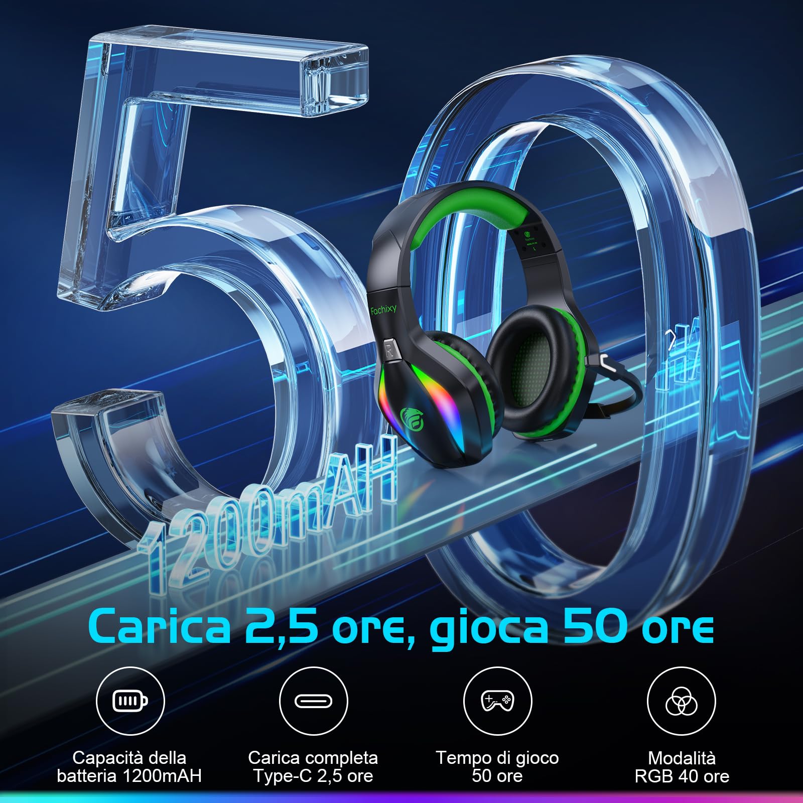 Fachixy FC100 Cuffie da gioco senza fili 2.4GHz Bluetooth microfono Suono stereo 3D 50 ore Batteria PS4 PS5 PC nero-verde