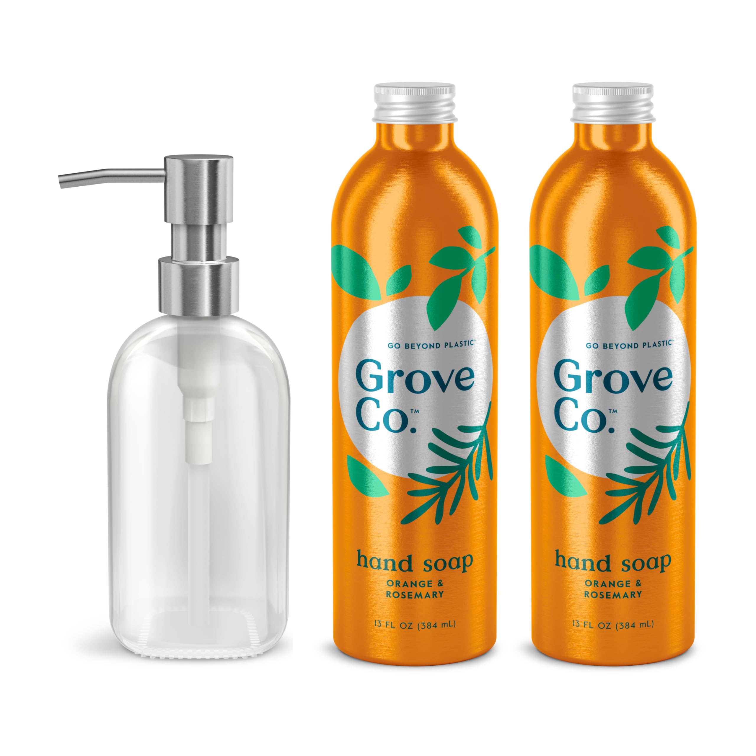 Grove Co. Hydrating Gel Hand Soap Refills (2 x 13 Fl Oz) + 1 x Reusable Glass Soap Dispenser, Plastic-Free & Liquid Refillable Starter Kit, Natural
