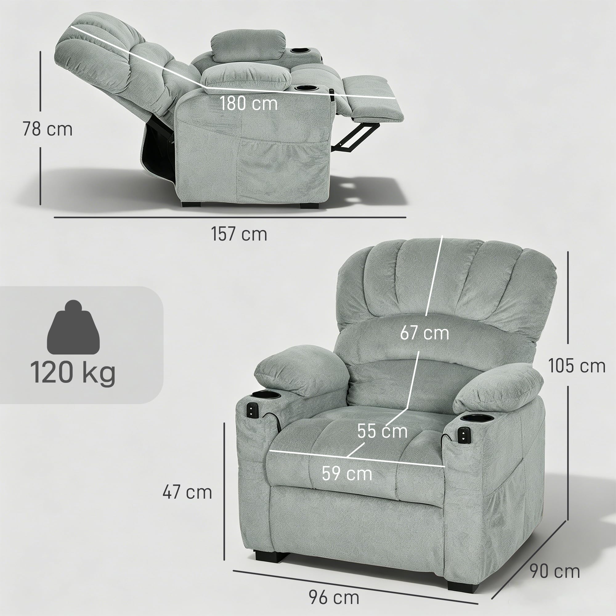 HOMCOM Sillón Relax Reclinable Eléctrico, Sillón Reclinable Silencioso de Terciopelo con Función Memoria, Reposapiés, Mando a Distancia, Bolsillos, Puerto USB, Portavasos, Respaldo Concha, Gris