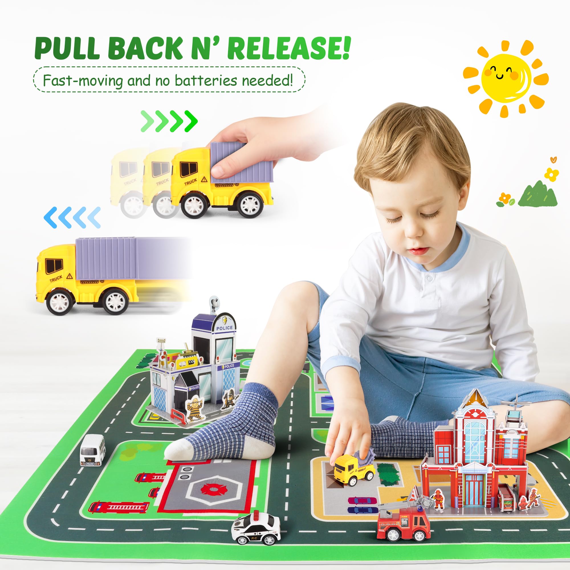 14-Piece Toy Car Playset with Play Mat & 3D Fire Station/Police Station Puzzles, Educational City Rescue Pretend Play for Kids Ages 3-5, Montessori Learning Gift Toy for Toddler Boys Girls