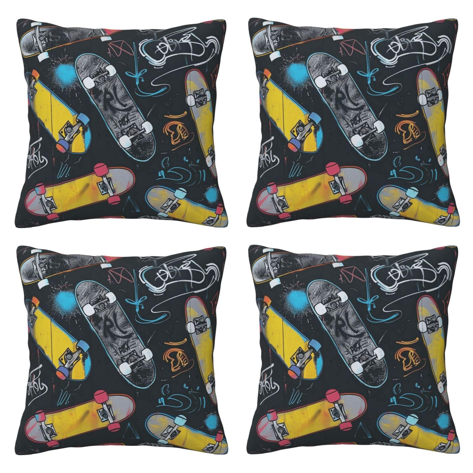 Graffiti Skateboard Throw Pillow Cases 4 Pack Square Pillowcases Super Soft Pillow Protectors With Zipper for Couch Livingroom Sofa Bed Office Car,45x45 CM