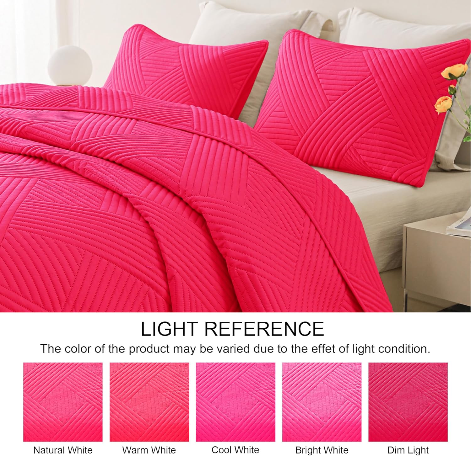 Whale Flotilla Twin Quilt Set, Soft Lightweight Quilts Bedspreads Coverlet with Embossed Pattern, Bedding Sets with Pillow Sham, Reversible Bed Cover for All Seasons, 68x88 Inches, Hot Pink - Image 4