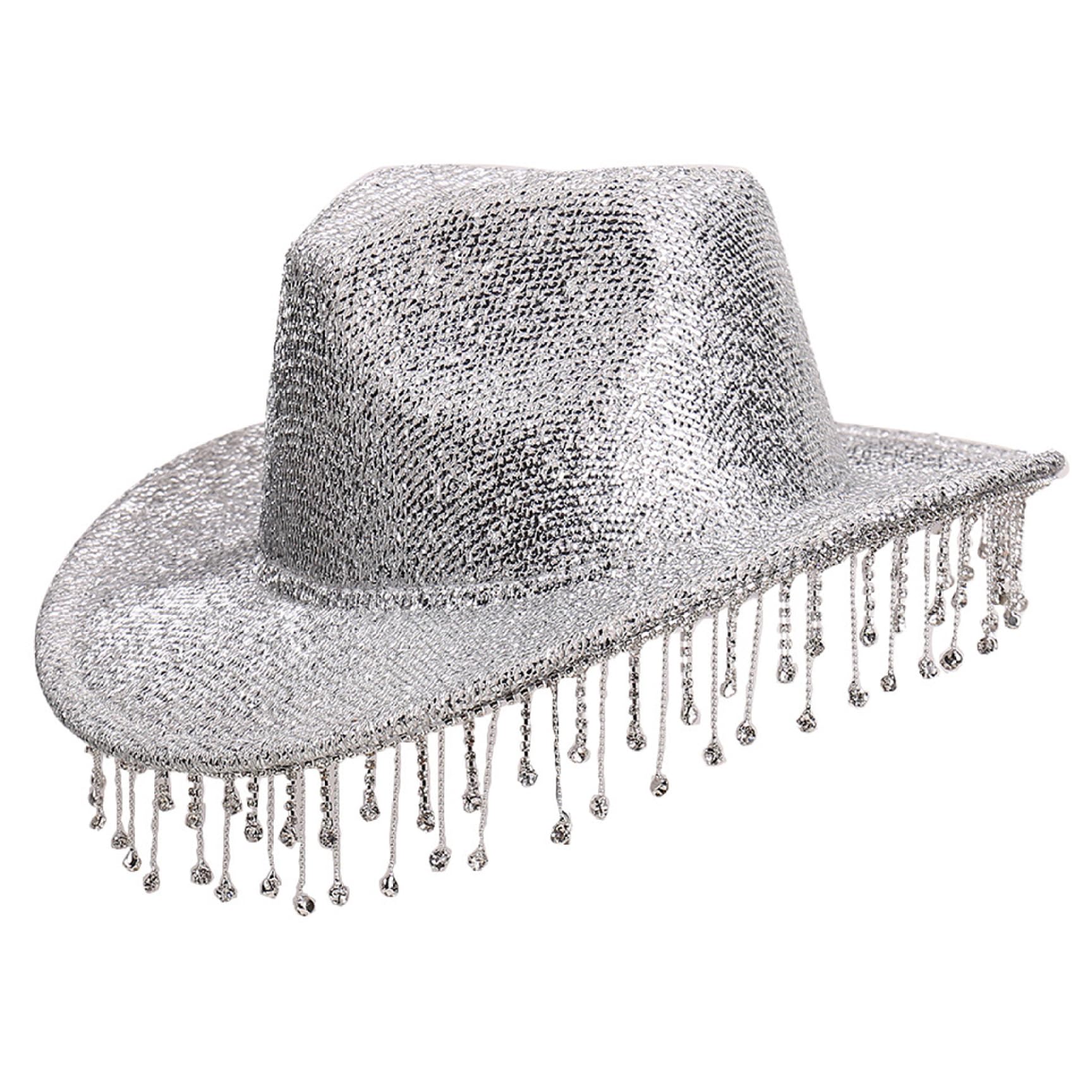 Monwssoe Unisex Silver Rhinestone Cowgirl Hat, Adjustable Glitter Cowboy Hat With Glitter And Tassels For Women, Lightweight Western Cap For Outdoor Events