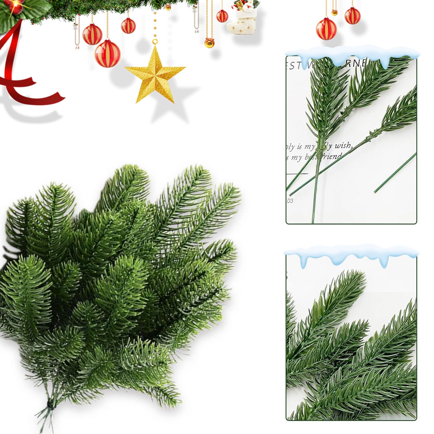 Lot De 50 Branches De Sapin Artificielles Vertes (34 Cm) - Décorations Noël, Couronnes, Mariage - Matériau PE Recyclable
