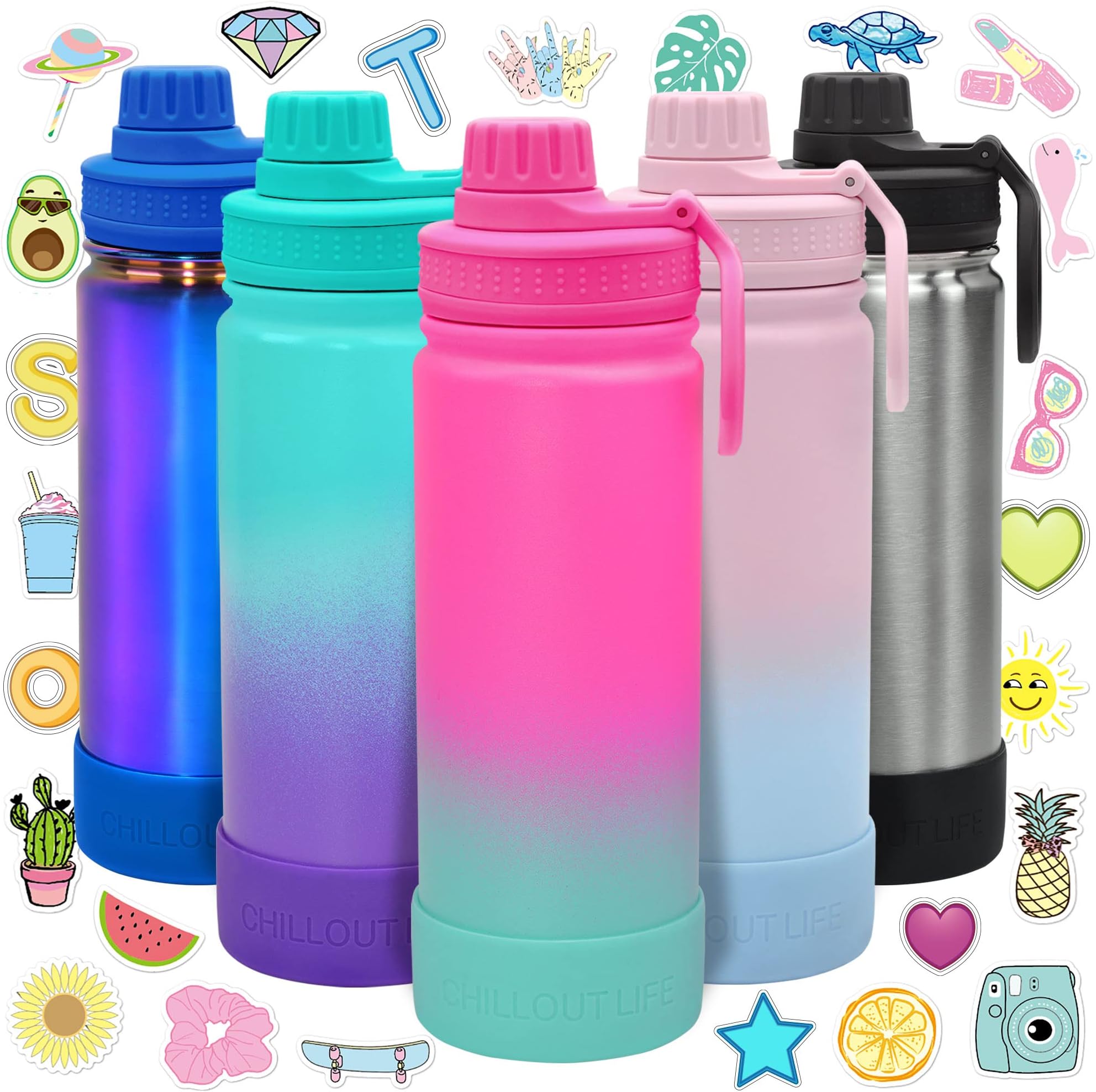 CHILLOUT LIFE 17 oz Kids Insulated Water Bottle for School with Leakproof Spout Lid and Cute Waterproof Stickers, Personalized Stainless Steel Thermos Flask Metal Water Bottle for Girls & Boys