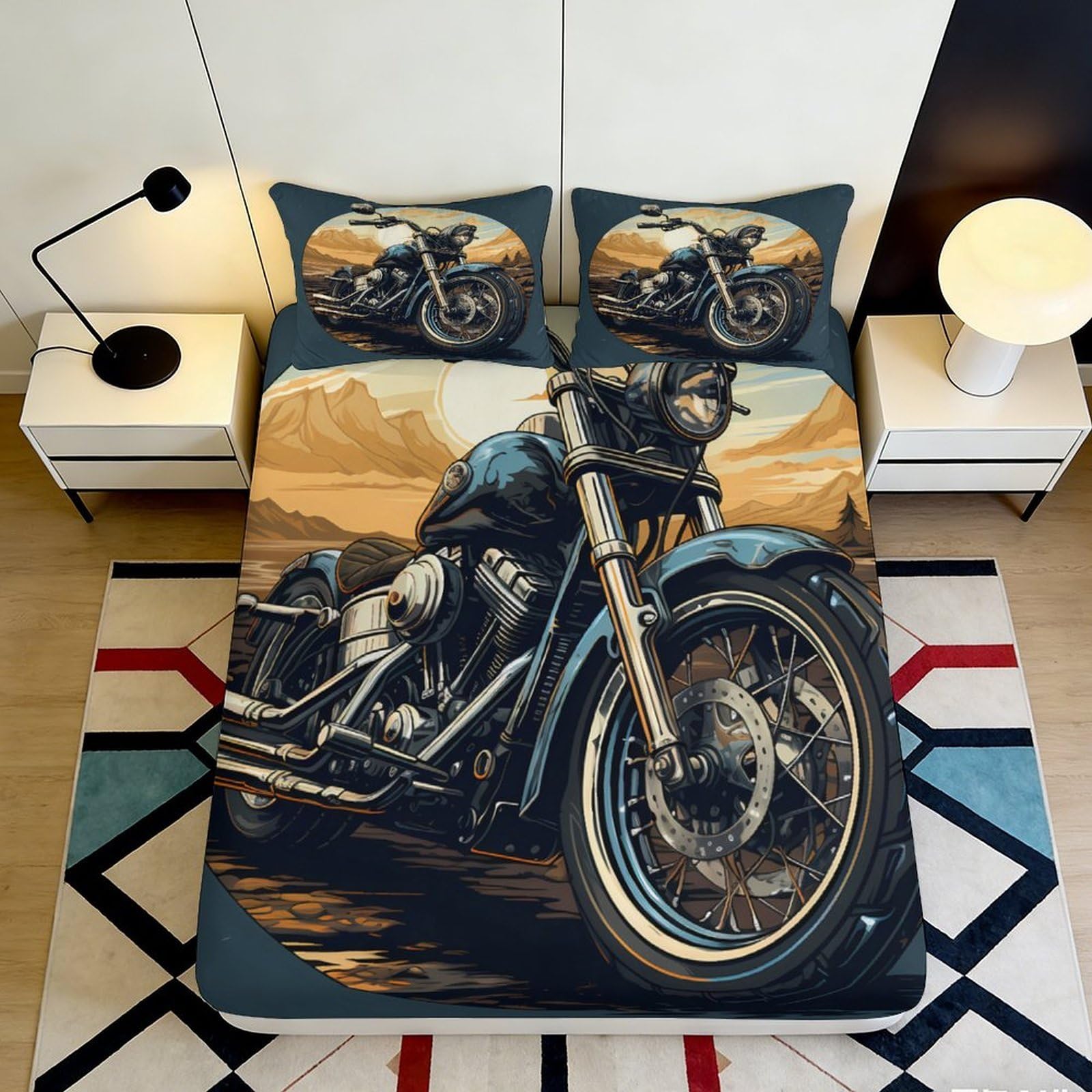 3D Printed Motorcycle Road Trip Fitted Sheet Microfiber Soft Breathable Chopper Sunset Bed Cover for Bedroom Decor 140x200x25cm