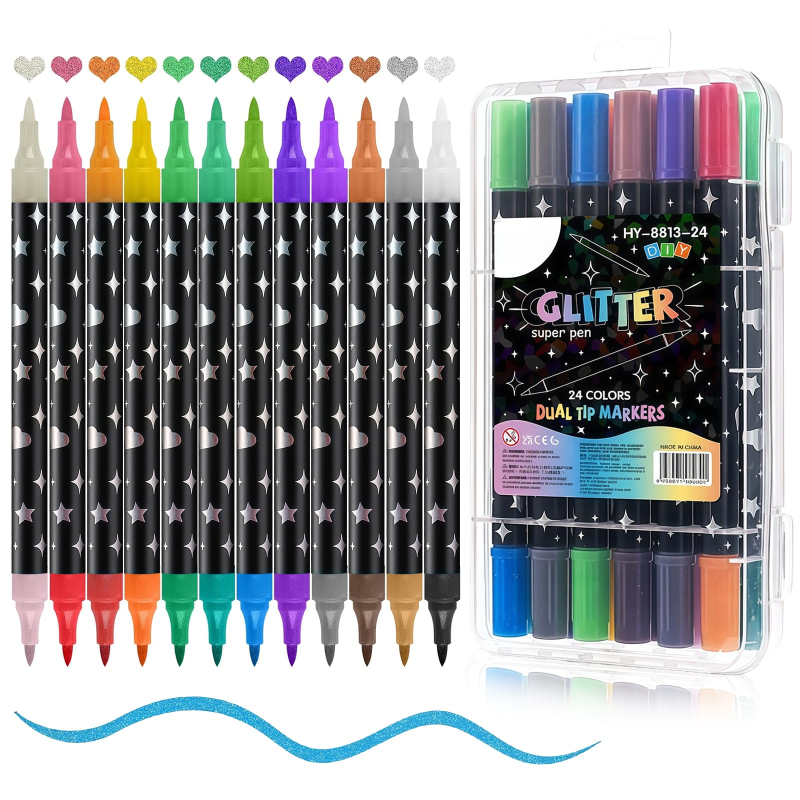 Glitter Pens, 12 Glitter Pens Outline Pens Glitter Magic Pen, Easter Gifts Children, Magic Double Tip, 24 Colours Outline Magic Pens Childrens, for Beginners and Professionals, Gifts for Children