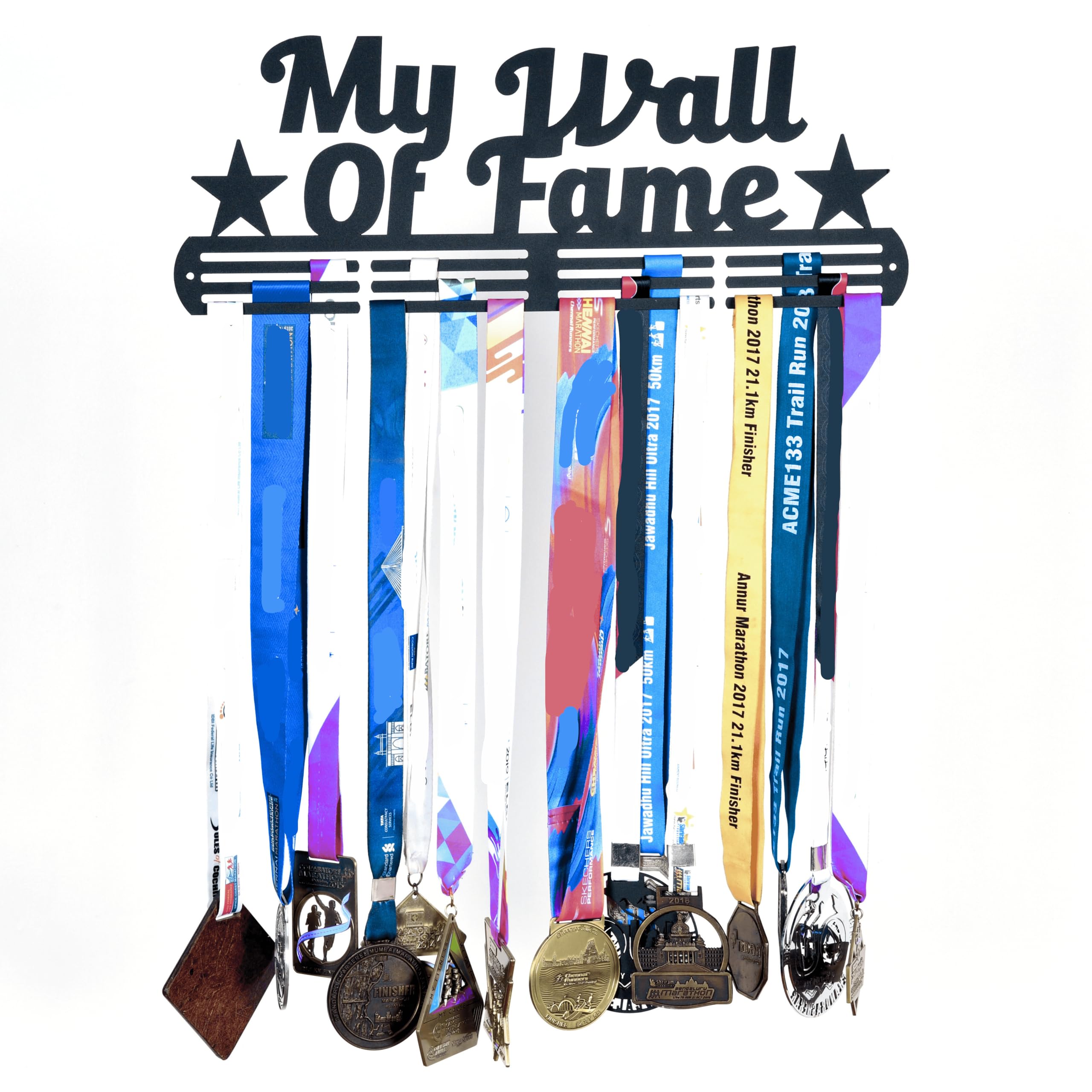 Runwynd Wall of Fame 2 Stars Metal Medal Hanger with 3 Rows - Black Medal Holder (40 cm x 13 cm) | Black Matte Finish | Medal Display for 40+ Medals-picture-32