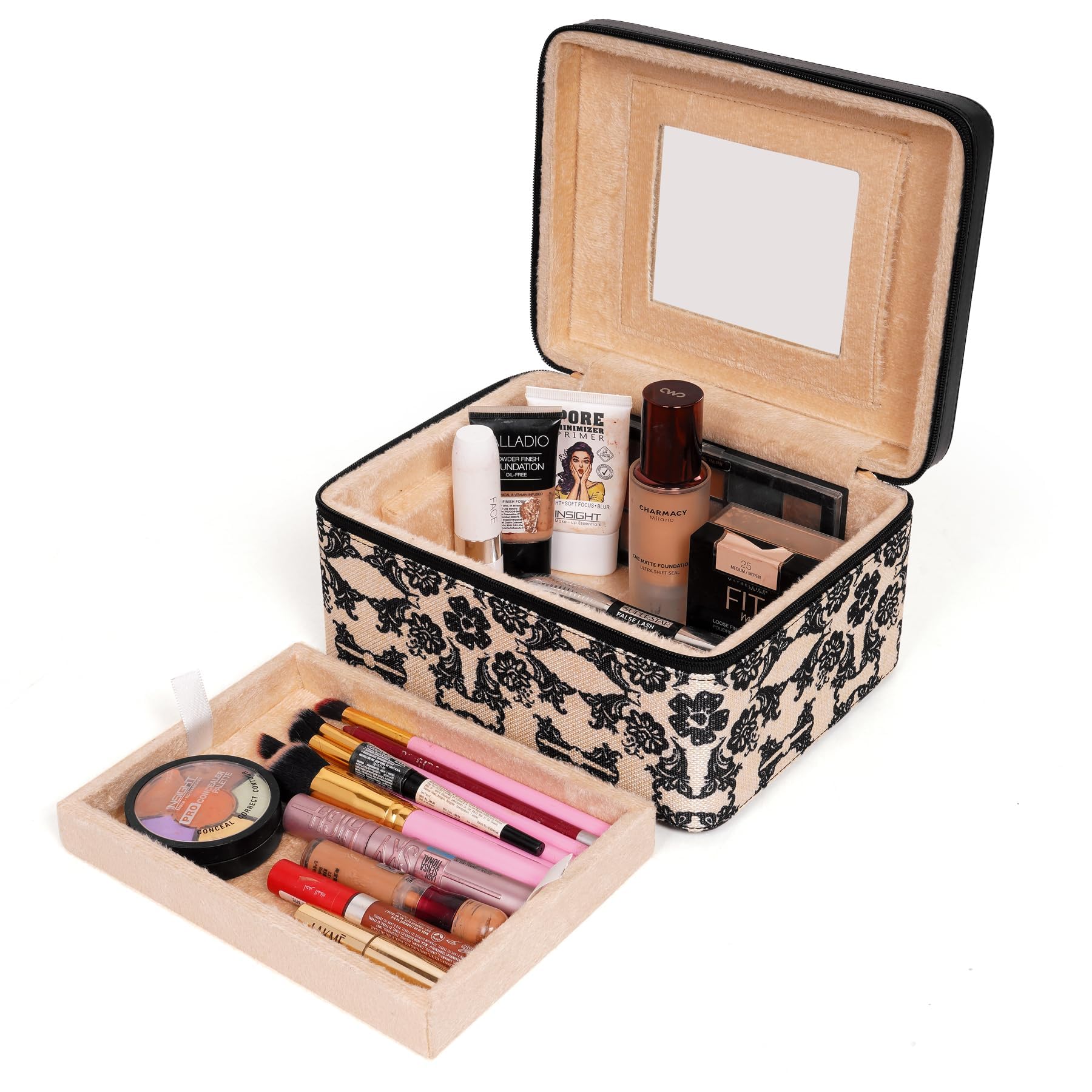 Hard Craft Large Capacity Cosmetic Bags For Womens Girls Bride Multi Functional Beauty Case Wedding Makeup Jewelery Bridal Box Leather Storage Organizer Bag For Home Travel With Mirror (Blossom Black)