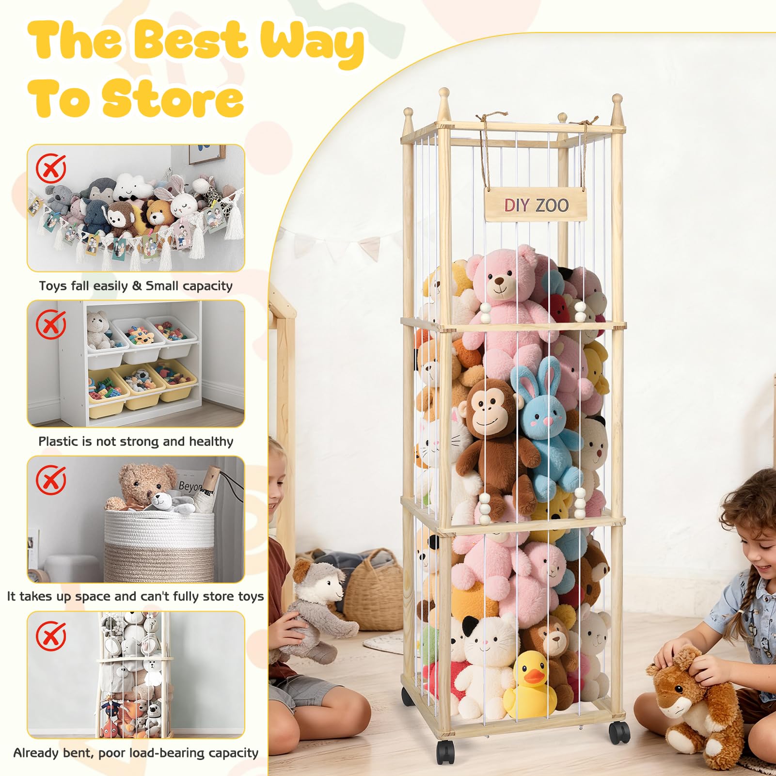 Mobiletto Portaoggetti per Animali di Peluche, 138x40x40CM in Legno Massello, Girevole a 360° e Bloccabile per Soggiorno, Camera da Letto e Cameretta dei Bambini (con Tasche Portaoggetti)