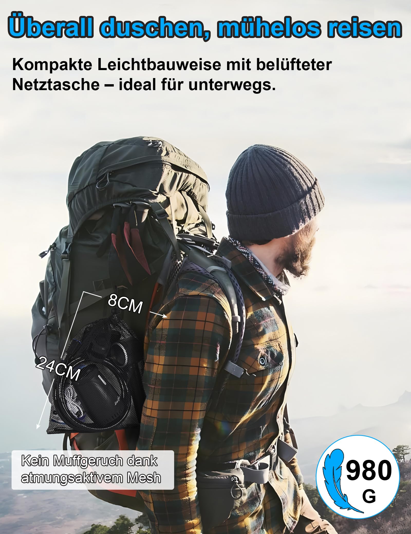 LIBERRWAY Campingdusche mit Akku & Pumpe, 8000mAh, bis zu 3h Outdoor Dusche, IPX8 Tauchpumpe, Camping Dusche mit Temperatur-/Akkuanzeige, 5 Stufen, Duschkopf, 2m Schlauch für Garten, Hund, Auto