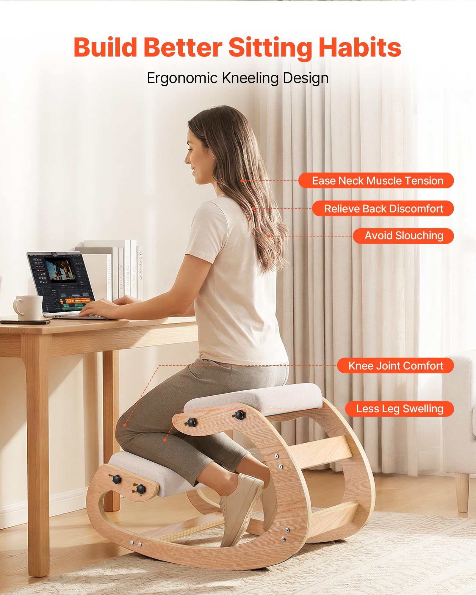 VEVOR Silla Ergonómica de Rodillas con Estructura de Madera, Cojines de Espuma Gruesa Ajustables Beiges, Taburete para Rodillas Carga de 120 kg, Relajación de Cuello y Espalda para Hogar, Oficina