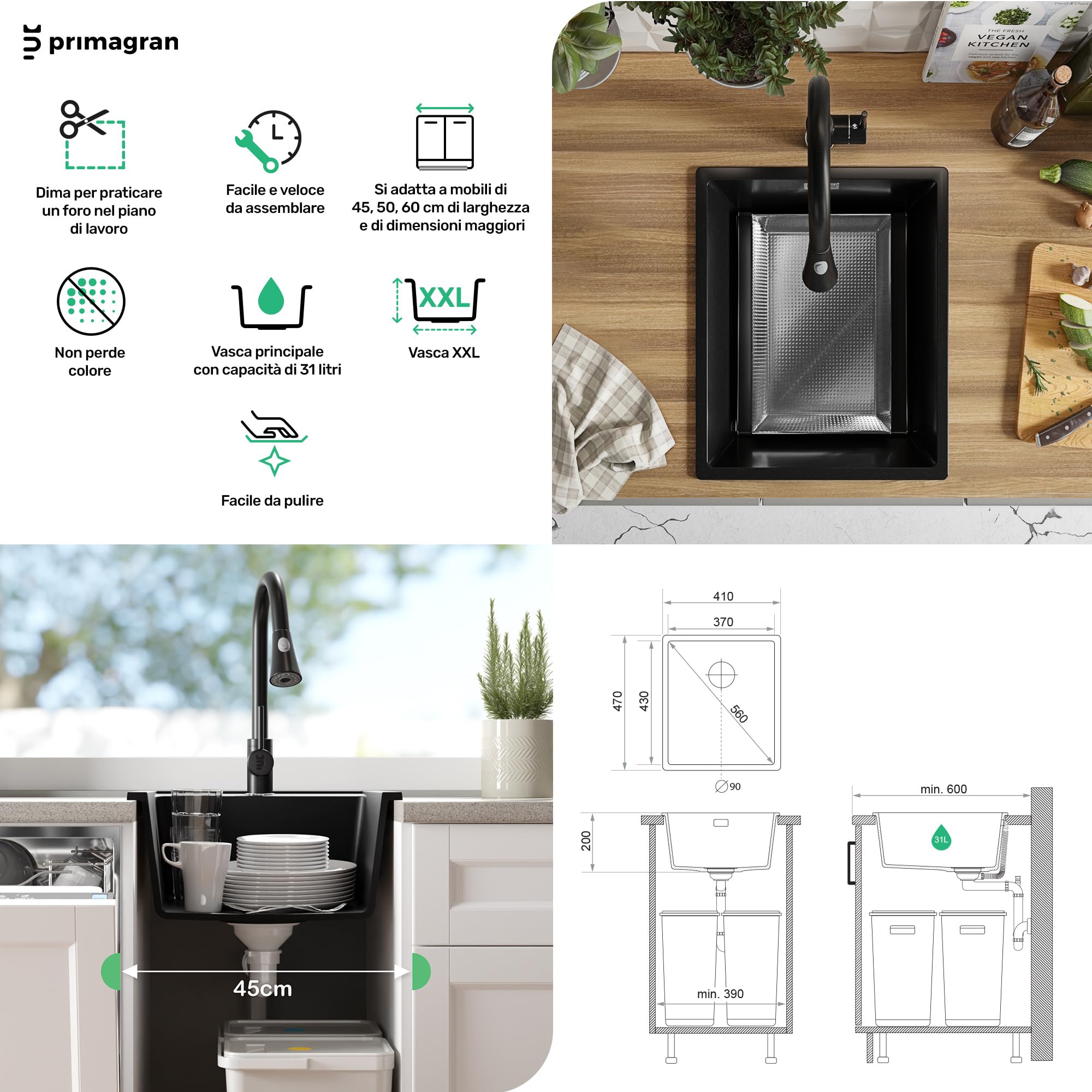 PRIMAGRAN Lavandino da Cucina al Mobile 45cm + Rubinetto, 41x47cm