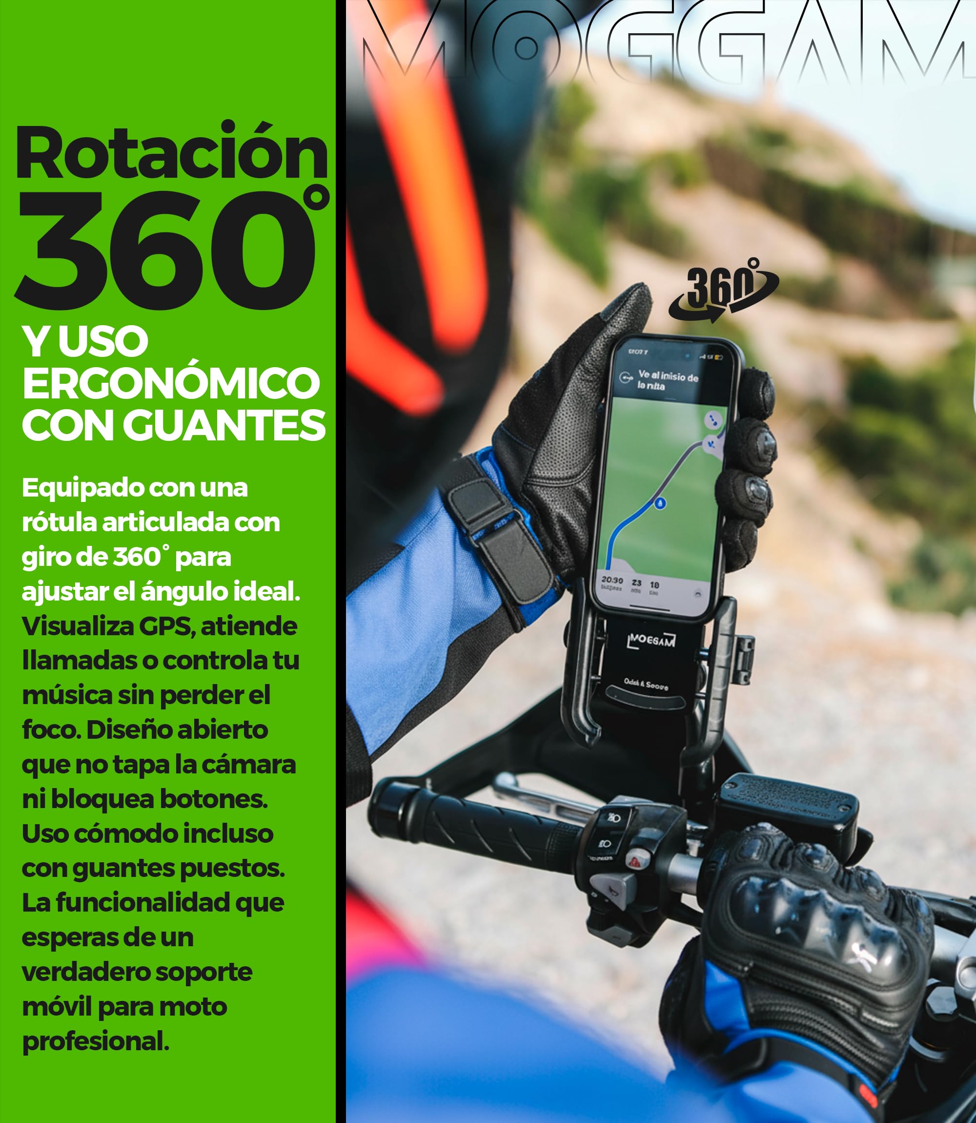 Visita la tienda de MOGGAM Soporte Movil Moto Antivibración de Aluminio CNC Liberación Rápida y Rotación 360° para Montaje en Manillar Espejo Retrovisor y Barras 12–14 mm Compatible con Scooter Bicicleta y Patinete Eléctrico in use