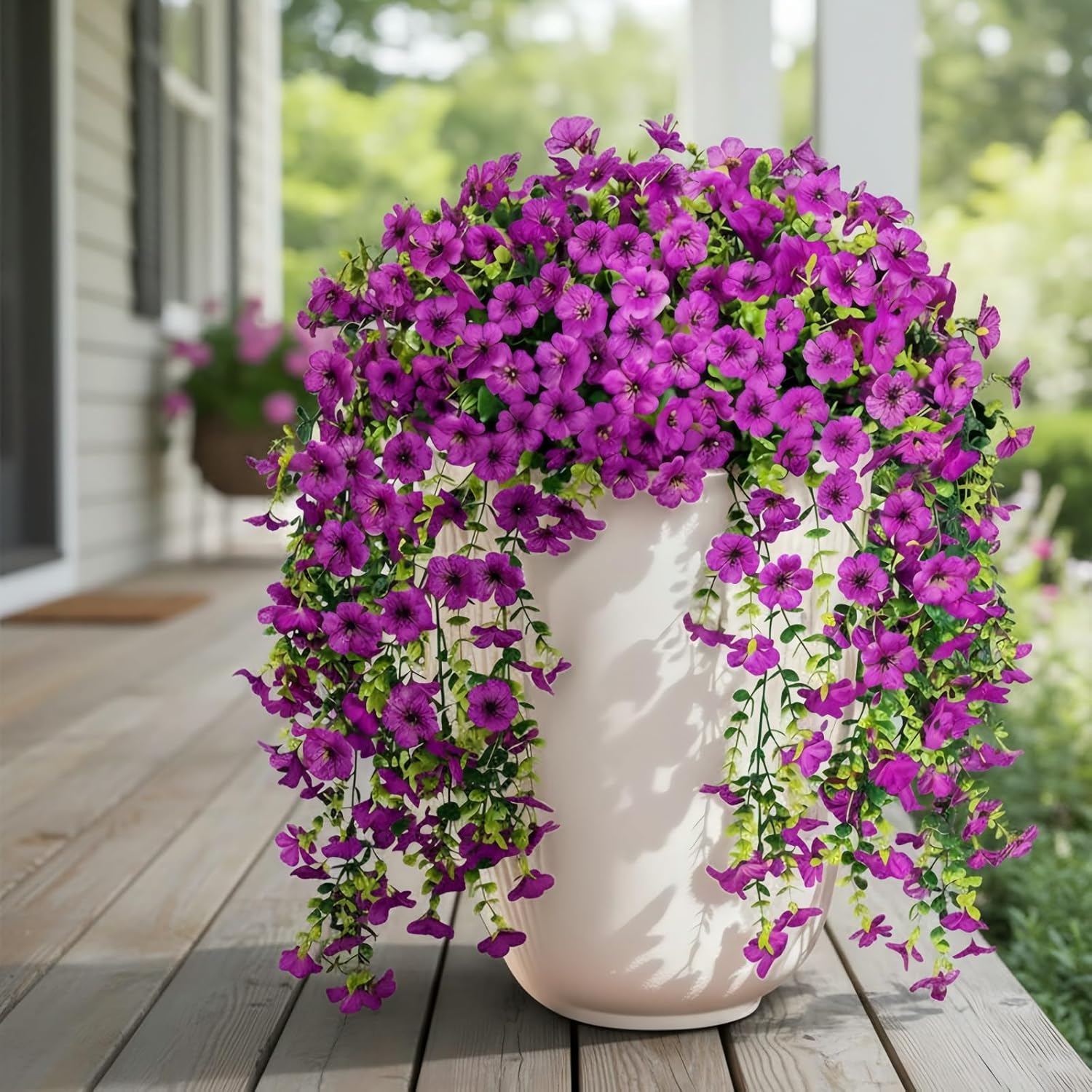 Artificial Fake Hanging Flowers Plants for Outdoor Spring Summer Decoration, UV Resistant Look Real for Home Outside Planter Porch Decor (Purple-4Pack)