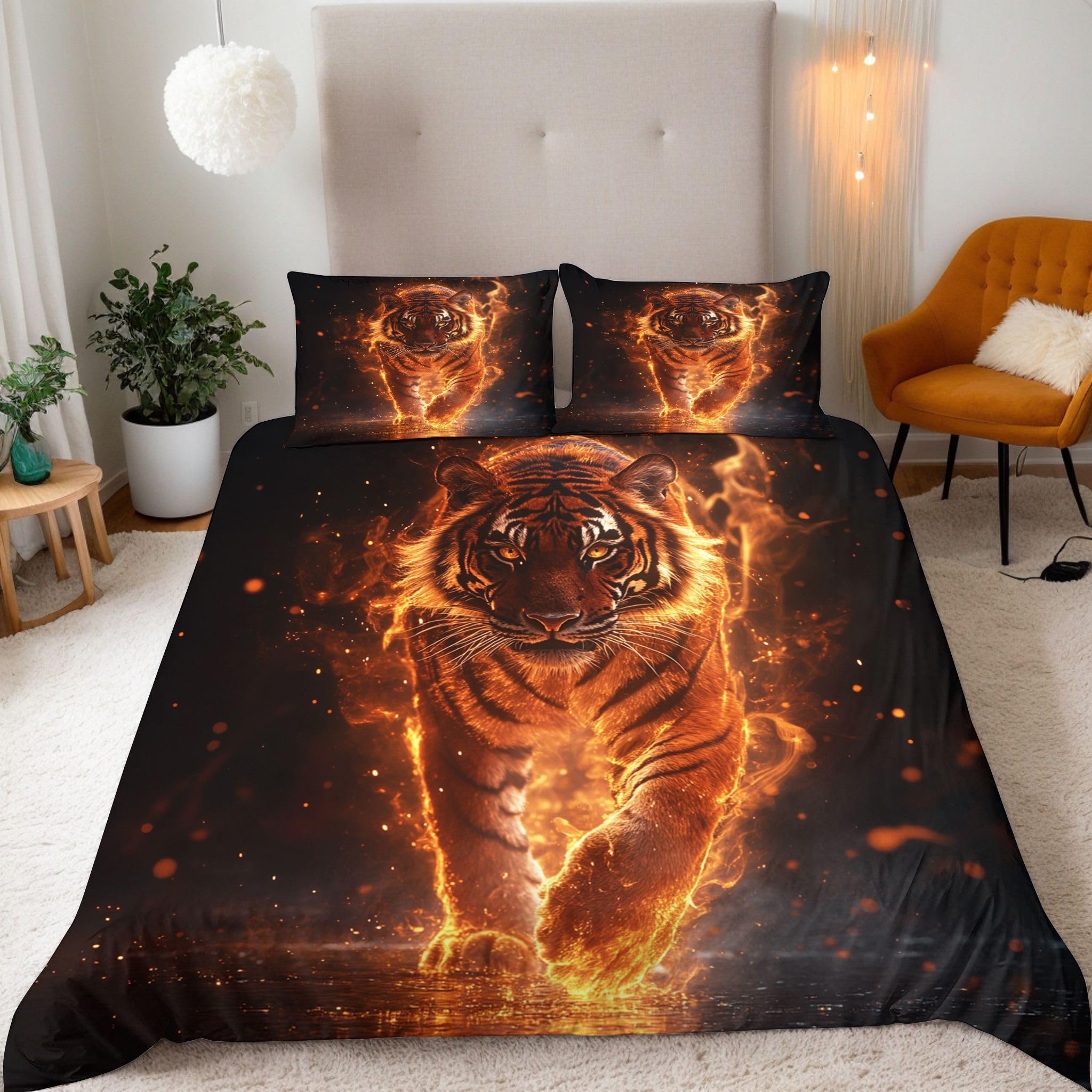 Bedding Super King Duvet Cover Sets 3D Flame Animal Tiger Print Quilt Cover 260x220 cm Microfiber Comfortable Breathable Comforter Cover + 2 Pillow Cases With Zipper Fixable Corner Straps