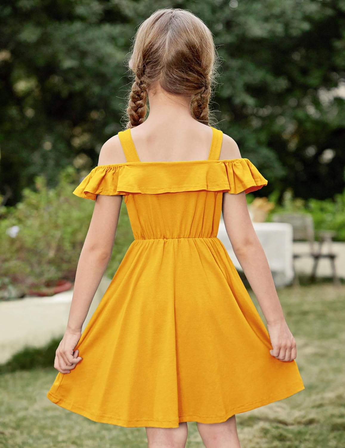 Arshiner Girls Dresses Summer Spaghetti Strap Cold Shoulder Ruffle Button Down A Line Dresses - Image 3