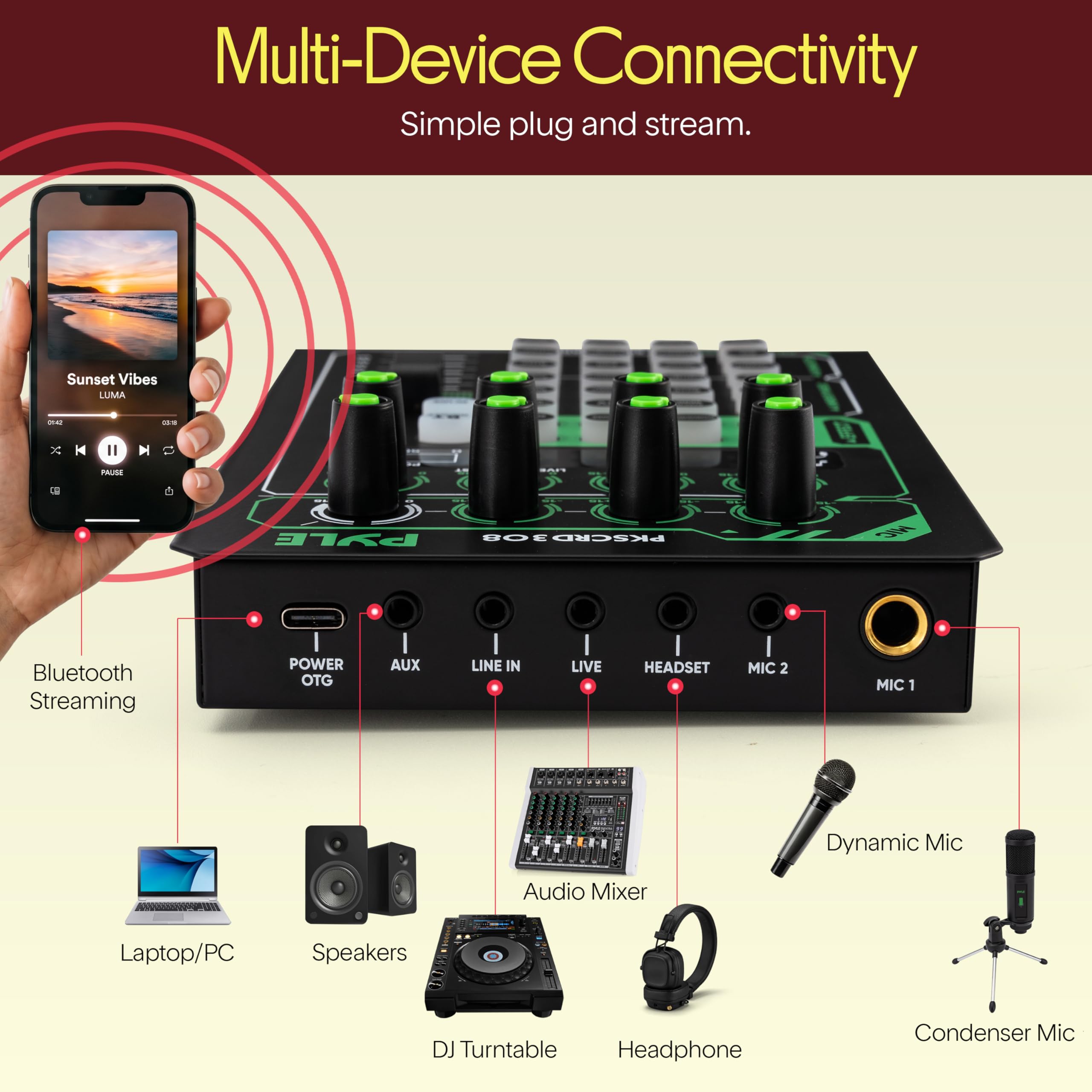 Pyle Tarjeta de sonido portátil Bluetooth para transmisión en vivo, interfaz de audio profesional, condensador mezclador de DJ con juego de micrófono, para transmisión de podcasts, estudio, grabación