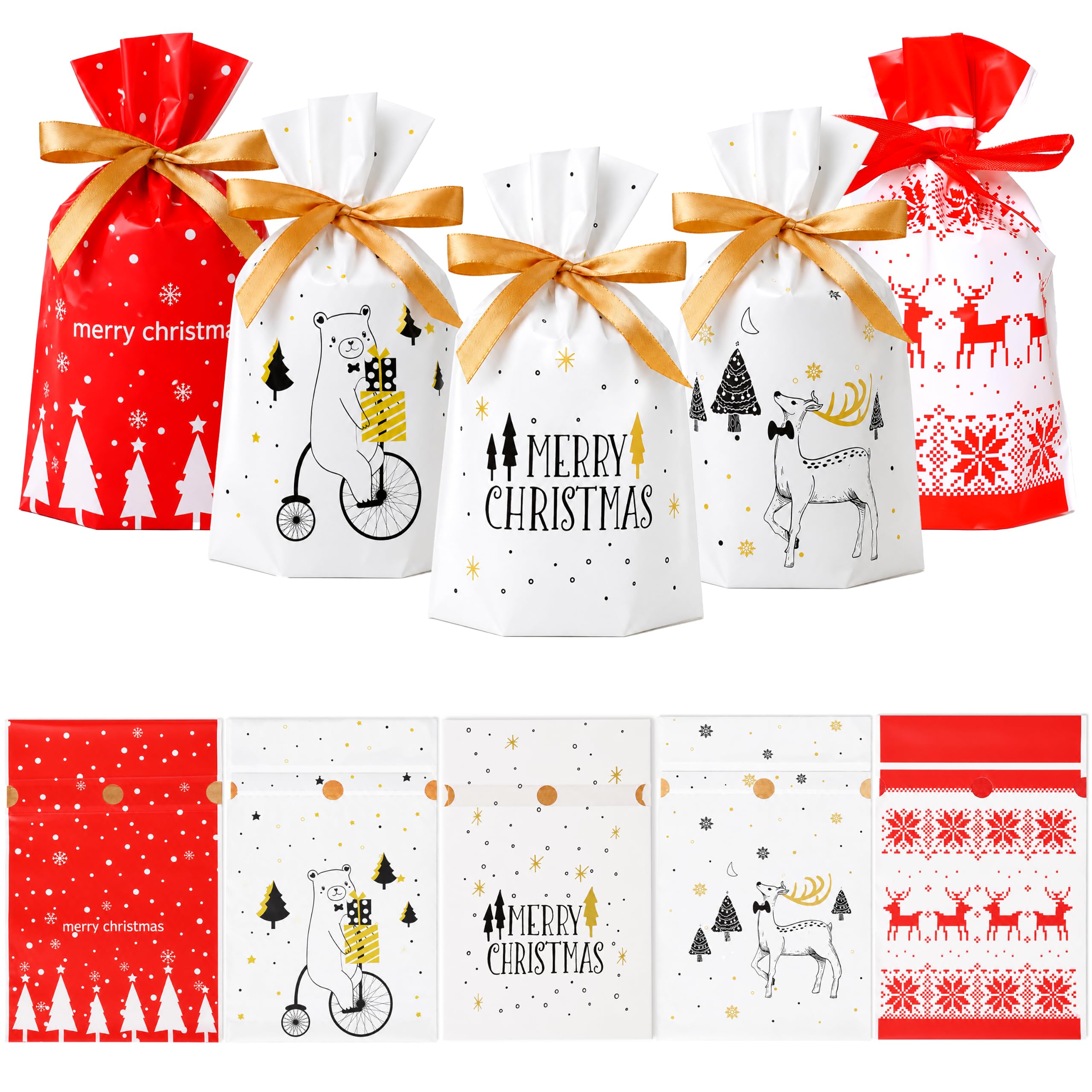 Small Christmas Drawstring Gift Bags for Kids Set – 50 Pack Xmas Drawstring Gift Bags (15x23+3cm) – 5 Festive Designs – Christmas Gift Bags for Sweet Presents, Party Favors & Wrapping