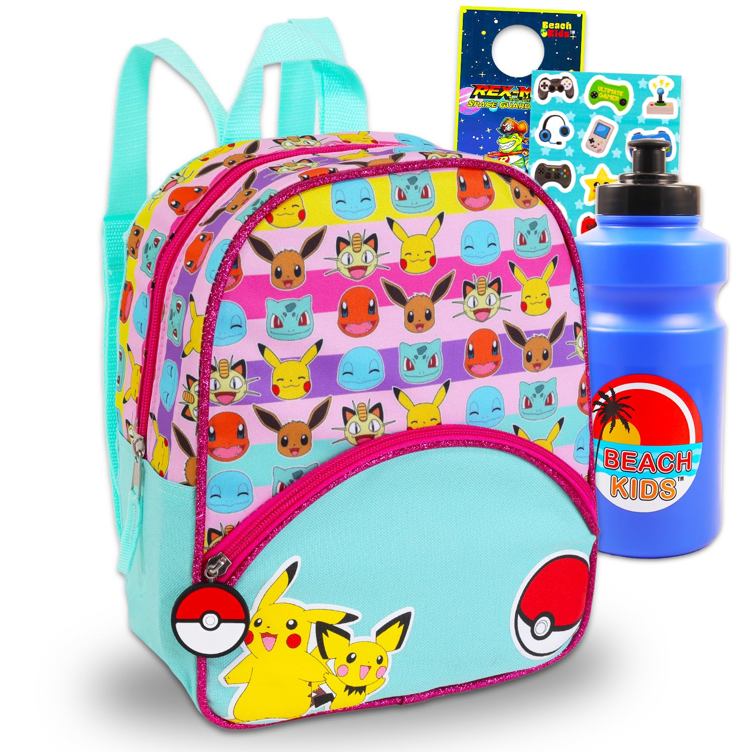 Pokemon Mini Backpack Bundle - 11” Canvas Pokemon Backpack with Front Pocket, Water Bottle, More | Pokemon Backpack Purse Set for Kids