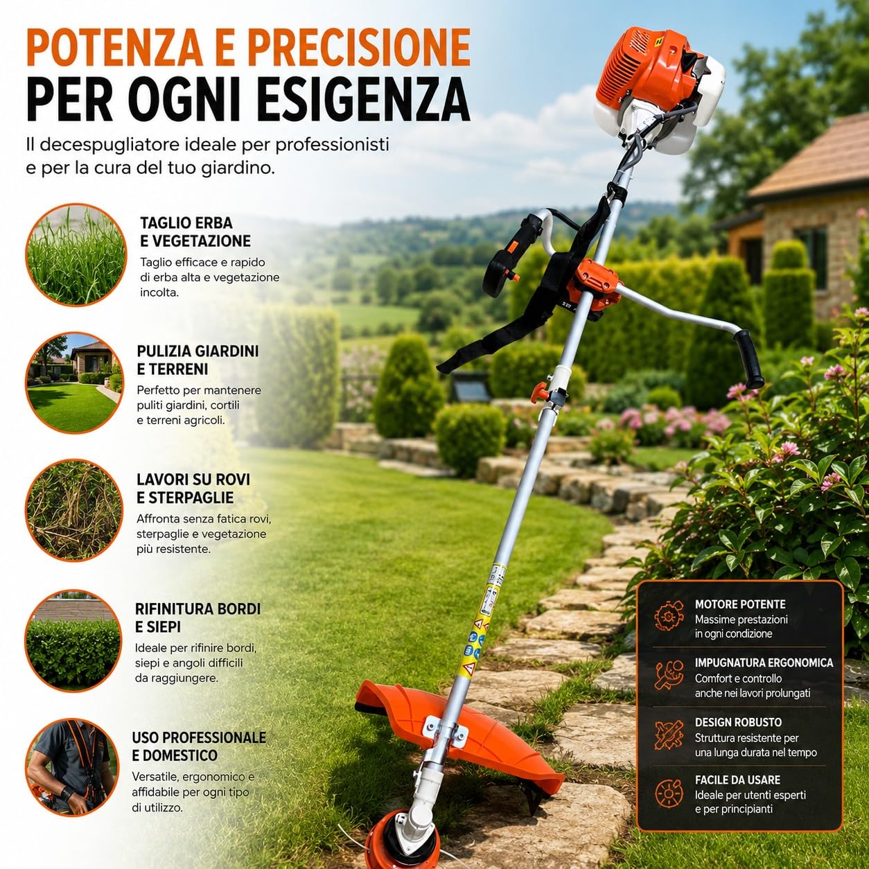 Decespugliatore a Scoppio 52cc 1.45kW 8500RPM Motore 2 Tempi con Manubrio Avviamento Elettrico con Batteria 12V e Manuale con Testina Doppio Filo e Disco tre Denti Acciaio per Erba, Giardino, Arbusti