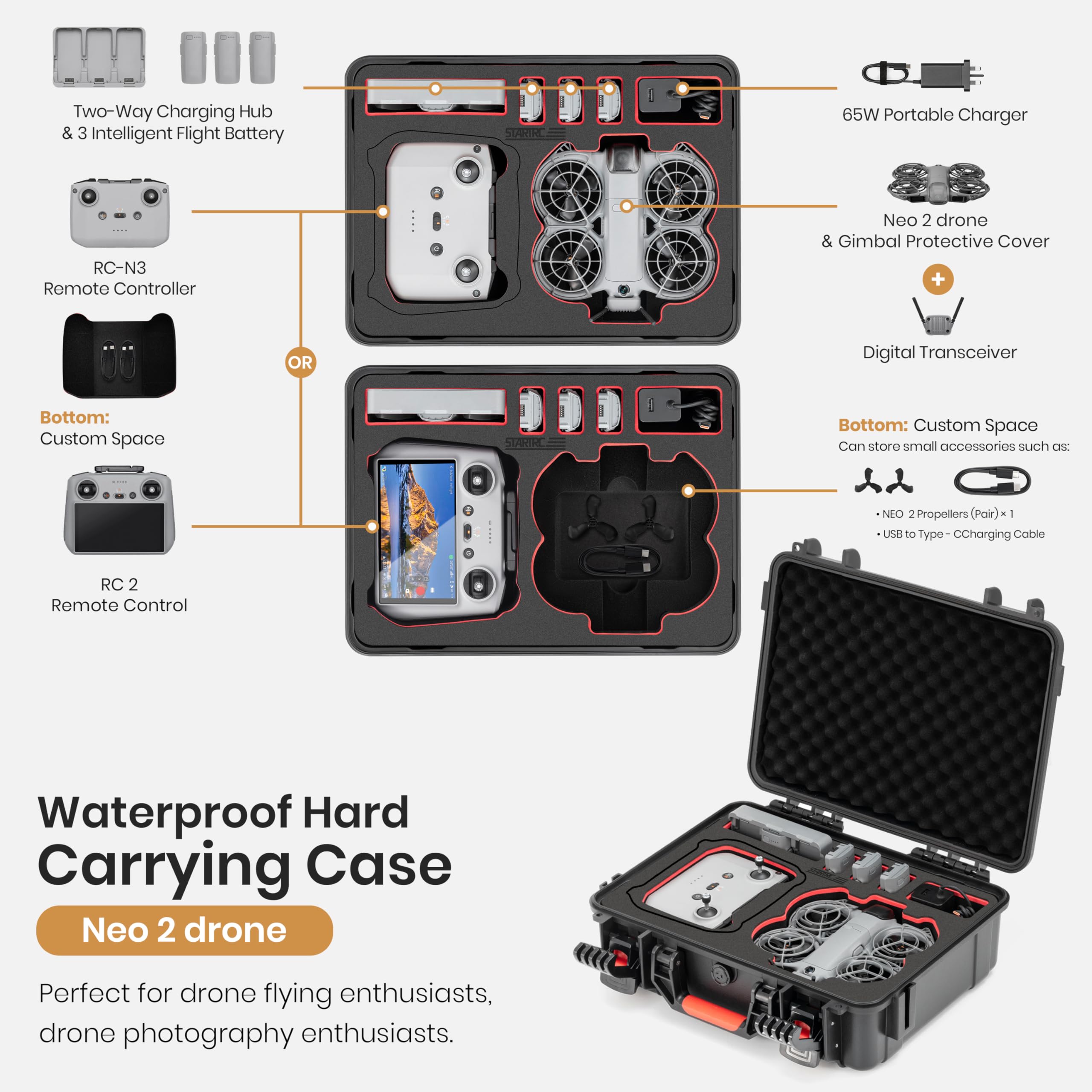STARTRC Neo 2 Maletas, carcasa dura impermeable para DJI Neo 2 Fly More Combo Accesorios para controlador RC-N/RC2 [solo maletín]