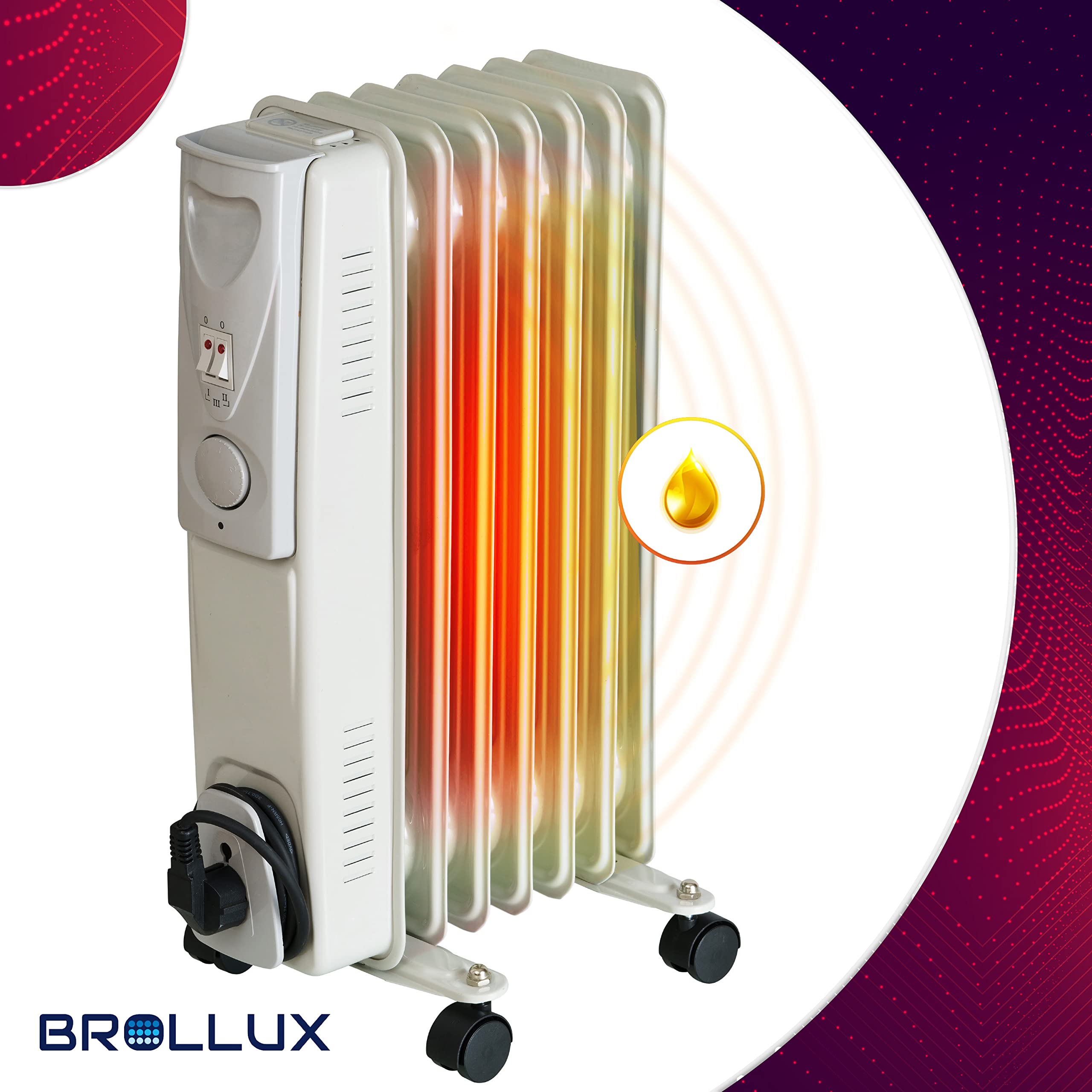 BROLLUX Chauffage à huile électrique 1500W Radiateur à huile Chauffage électrique 7 ailettes Radiateur mobile Appareil de chauffage Thermostat Chauffage à huile