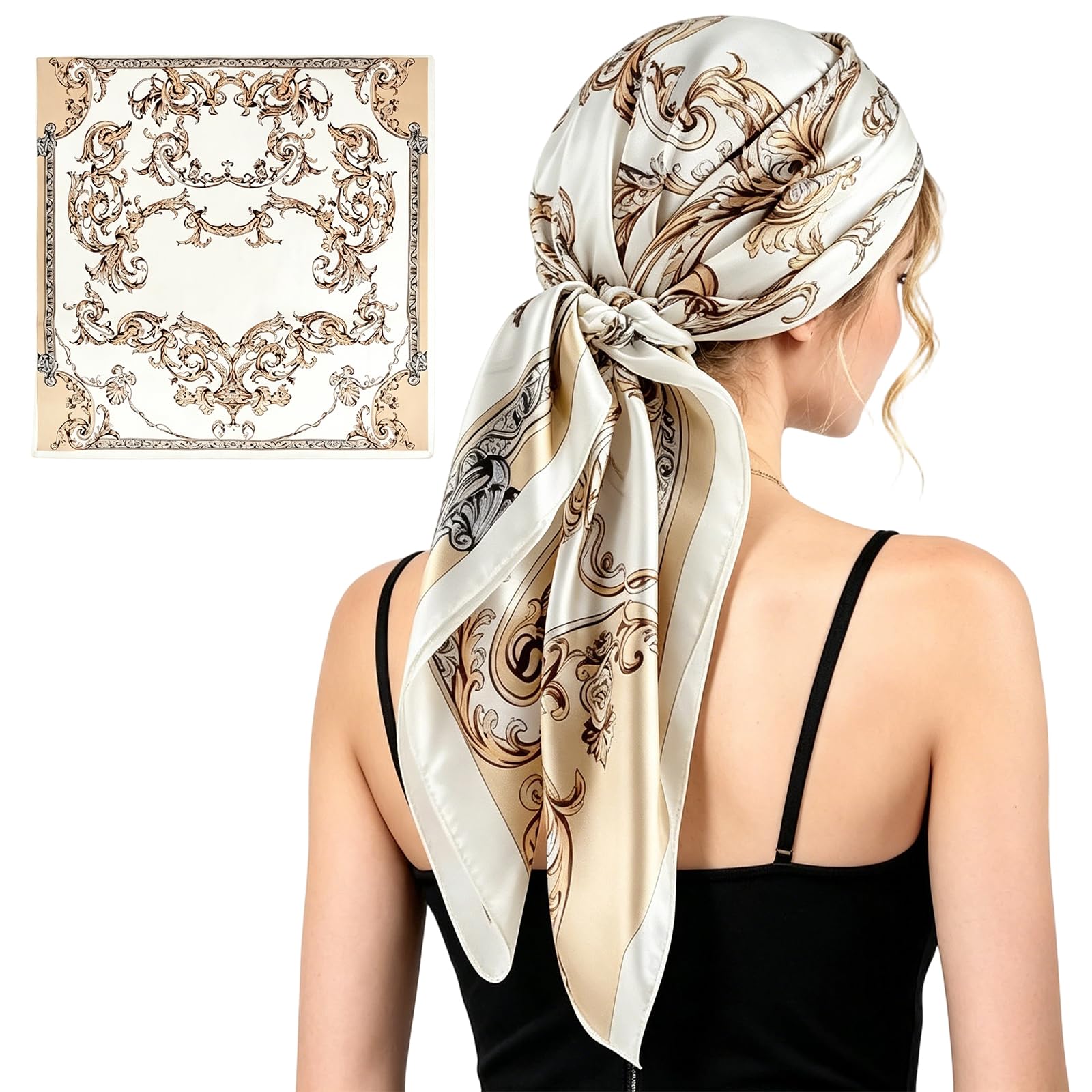 SNXCEUG Large Square Satin Head Scarf, Silk Scarf for Women Hair Bandana, Silk Head Scarves with Classic Patterned, for Women, Hair Wrap, Sleeping, Beach, Gifts