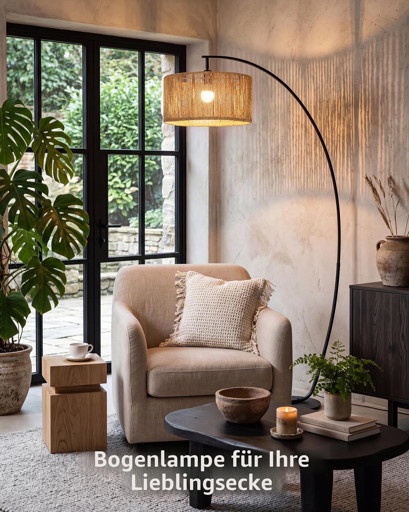 Bogenlampe Rattan, 101cm Ausladung, E27 Stehlampe Boho | Flachrohr Design, H178 cm, drehbar Lampenkopf, Fußschalter und 3 Farbtemperatur für Wohnzimmer Sofa Esstisch OVEL FL22