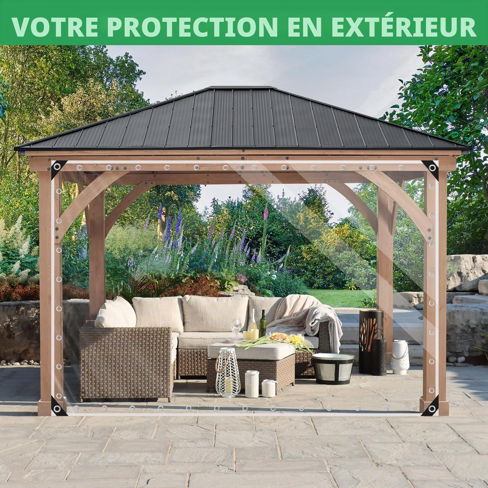 2x4m Bâche Transparente avec œillets, 450 g/m² PVC Bâche Transparente avec 20 Serre-câbles, Corde de Fixation de 10m Exterieur Imperméable pour Terrasse, Balcon, Jardin, Les tonnelles