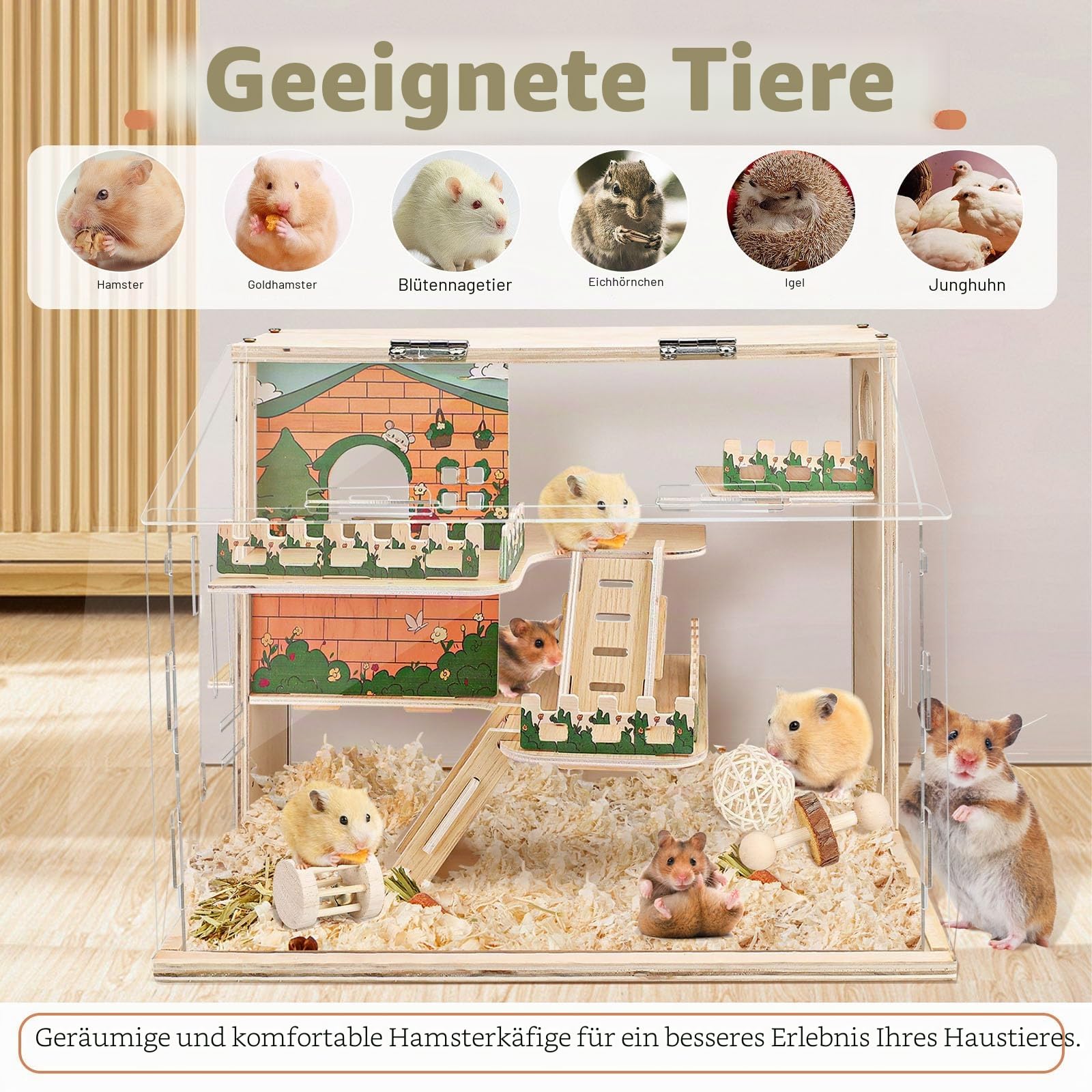 Holz Zwerghamster Lebensraum Groß Acryl Hamster Käfig Geräumiger Zwerg Rennmaus Käfig Premium Zwerghamster Lebensraum mit Ventilator (40x30x30cm)