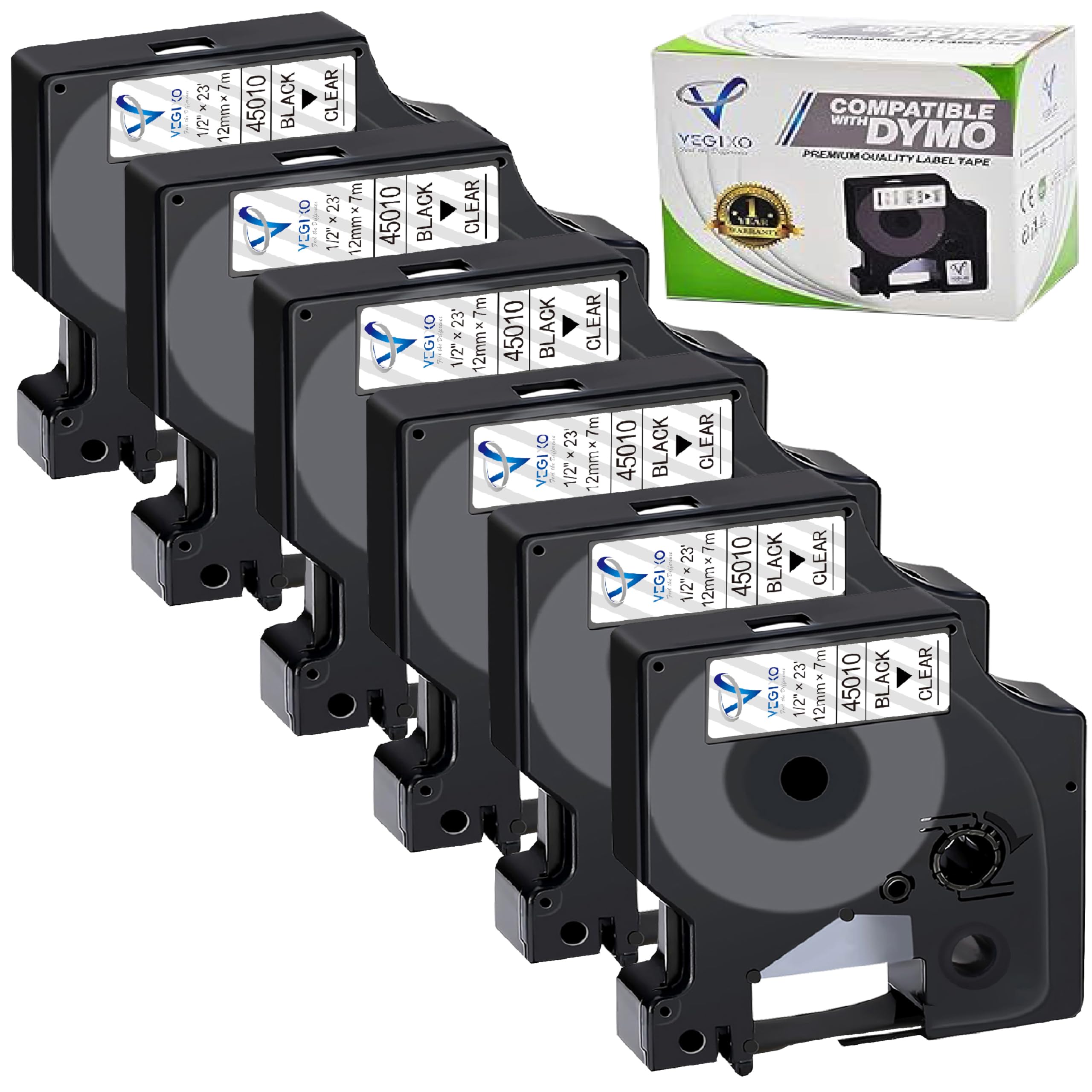 Black on Clear-12mm X 7m D1 Label Tape Pack of 6 - Replacement for 45010 S0720500 Dymo ‎Label Printer Tape, Compatible with Dymo Label Maker 160, 210D, Label Writer 450D, 500TS