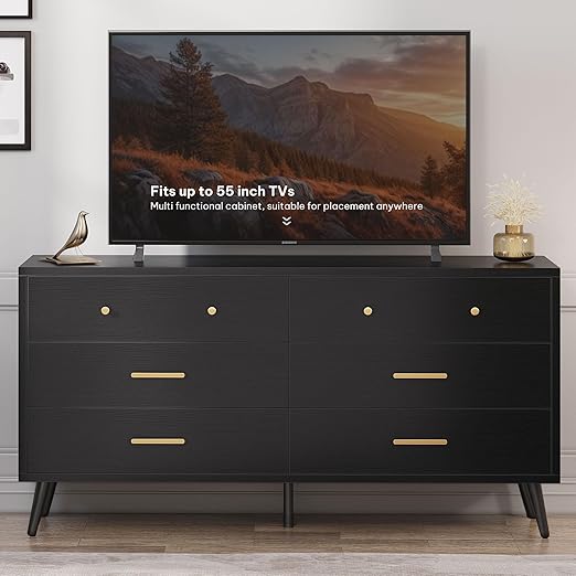 DWVO Black 6 Drawers Dresser/Modern Wood Dresser Chest of Drawers with Black Metal Handle&Anti-Tipping Device/Modern Double Storage Cabinet for Entryway/Living Room