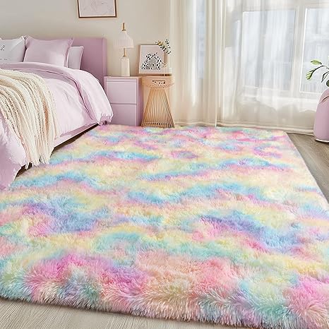 4x6 Girls Area Rugs for Bedroom, Soft Fluffy Rainbow Rug for Kids Room, Non Slip Fuzzy Colorful Plush Shag Rug for Dorm Home Decor, Modern Indoor Shaggy Floor Rugs for Living Room