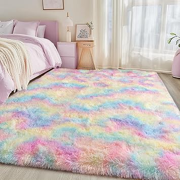 4x6 Girls Area Rugs for Bedroom, Soft Fluffy Rainbow Rug for Kids Room, Non Slip Fuzzy Colorful Plush Shag Rug for Dorm Home Decor, Modern Indoor Shaggy Floor Rugs for Living Room