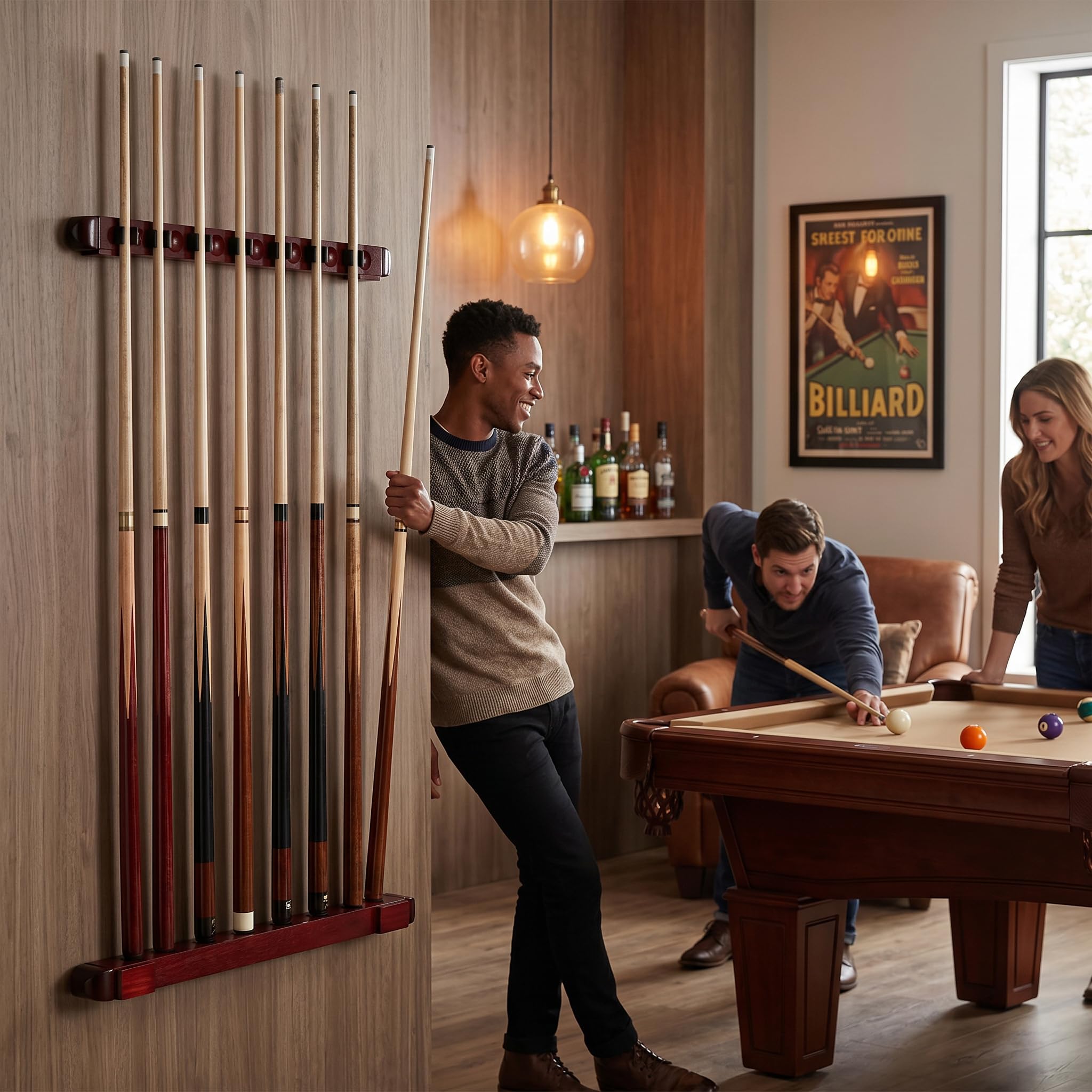 Keenso Porte-queues de Billard, Support de Queue de Billard en Bois Porte-Baguettes de Queue de Billard Mural avec 4 Vis et Bouchons d'Extension