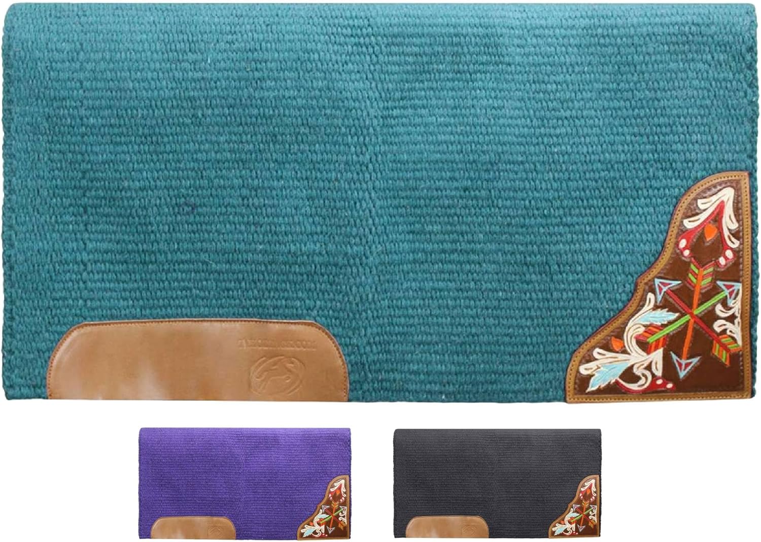 Tahoe Tack Kaye Western Saddle Blanket Pad – Handwoven 100% New Zealand Wool, 34" x 36", with Hand-Tooled & Painted Arrow and Leaf Corners and Wear Leathers, Stylish for Shows