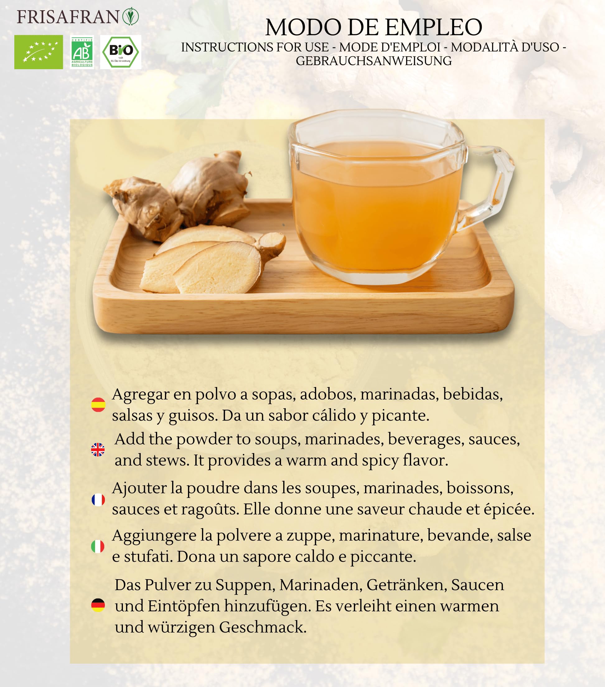 FRISAFRAN | Imbir mielony BIO | Imbir w proszku | 500g | Imbirowy proszek naturalny | Bez dodatków | wegański | Suszony imbir | Imbirowy proszek bio | Imbir jako przyprawa | Imbir mielony | Mielony