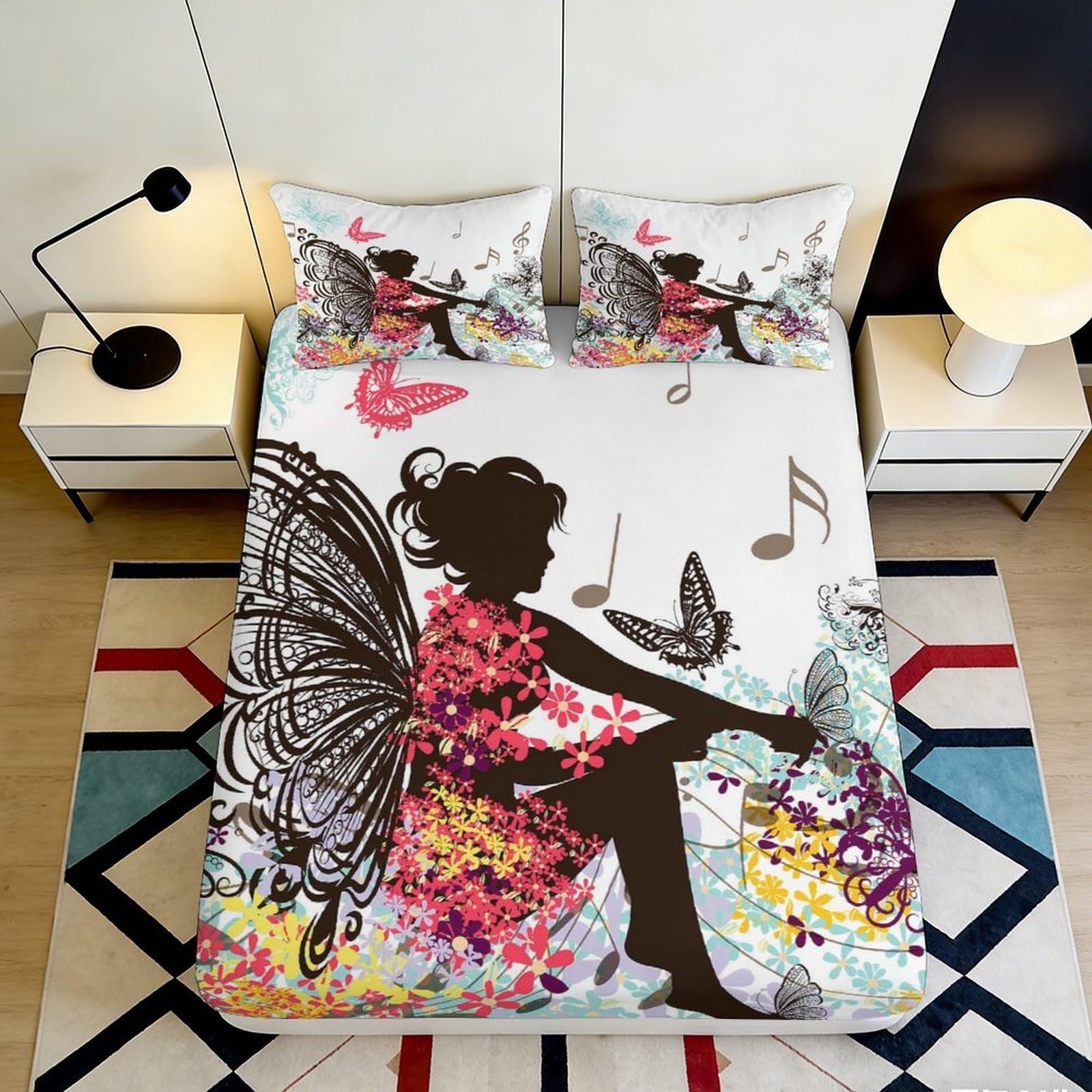 3D Printed Fairy Silhouette Fitted Sheet Microfiber Soft Durable Butterfly Pattern Bed Cover for Bedroom Dormitory Guest Room Mattress Protection 120x200x25cm