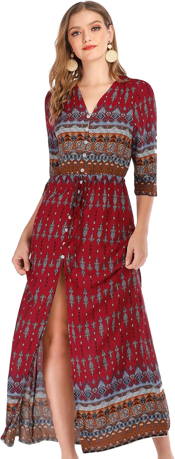 R.Vivimos Women's Summer Boho Button Up V Neck Floral Print Roll Up Causal Split Beach Midi Dresses