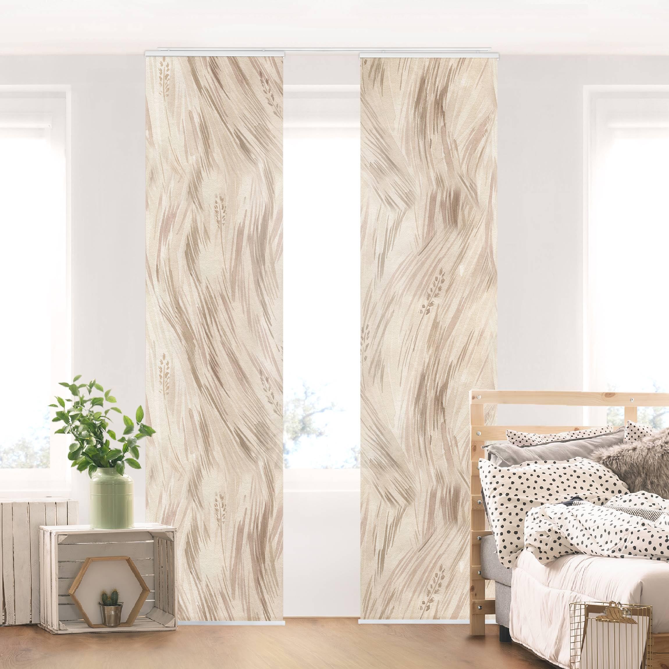 Schiebegardine halbtransparent 60er Paneel Klett Muster Textil lichtdurchlässig - Gräser Aquarell Flächenvorhang beige Wohnzimmer Schlafzimmer 2249 (120x250 cm - 2er Set)